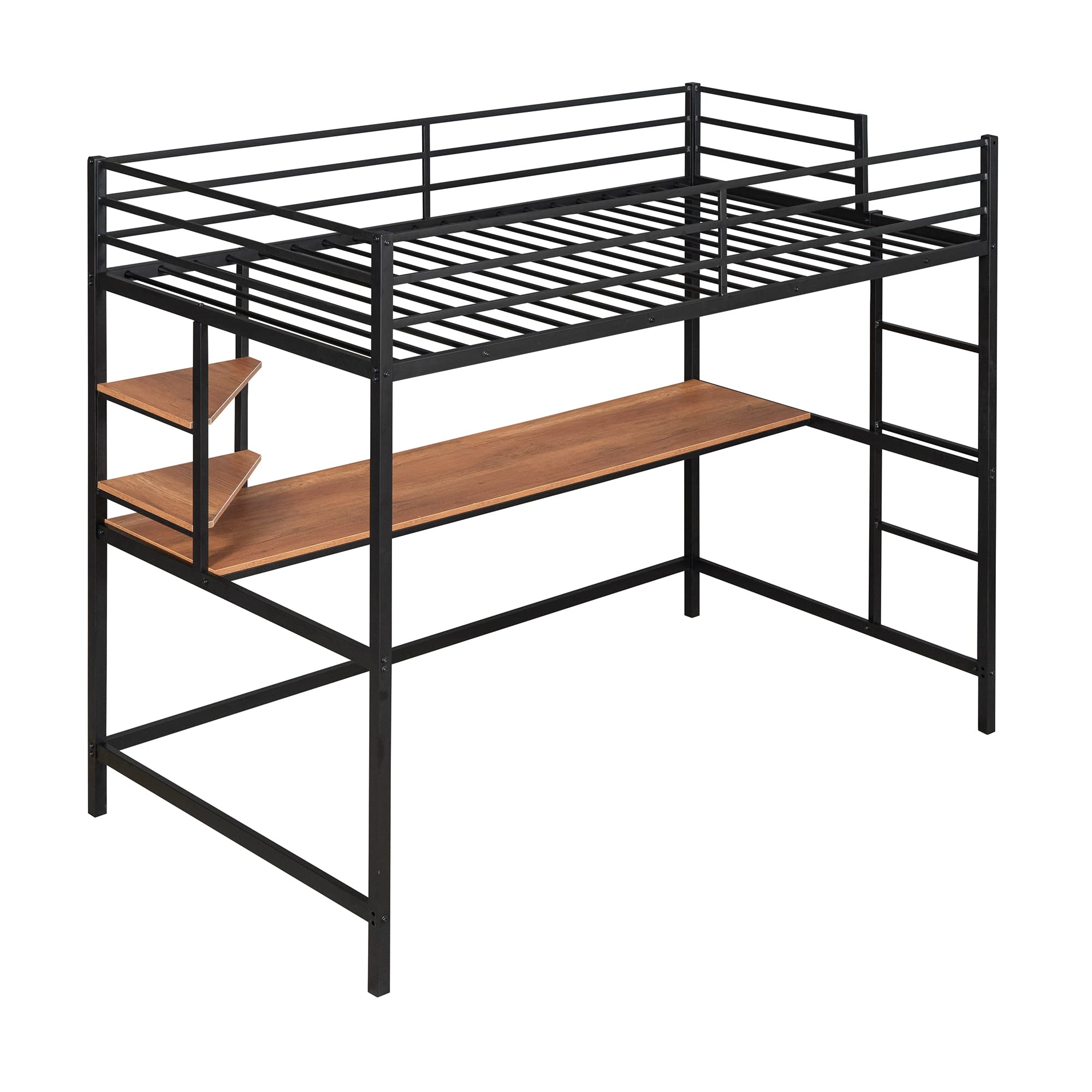 Twin Size Loft Bed with Desk & Storage - Heavy Duty Metal Frame with Safety Guardrail for Kids - Space Saving Black Loft Bed for Small Rooms & Dormitories - Perfect for Study, Sleep & Organization