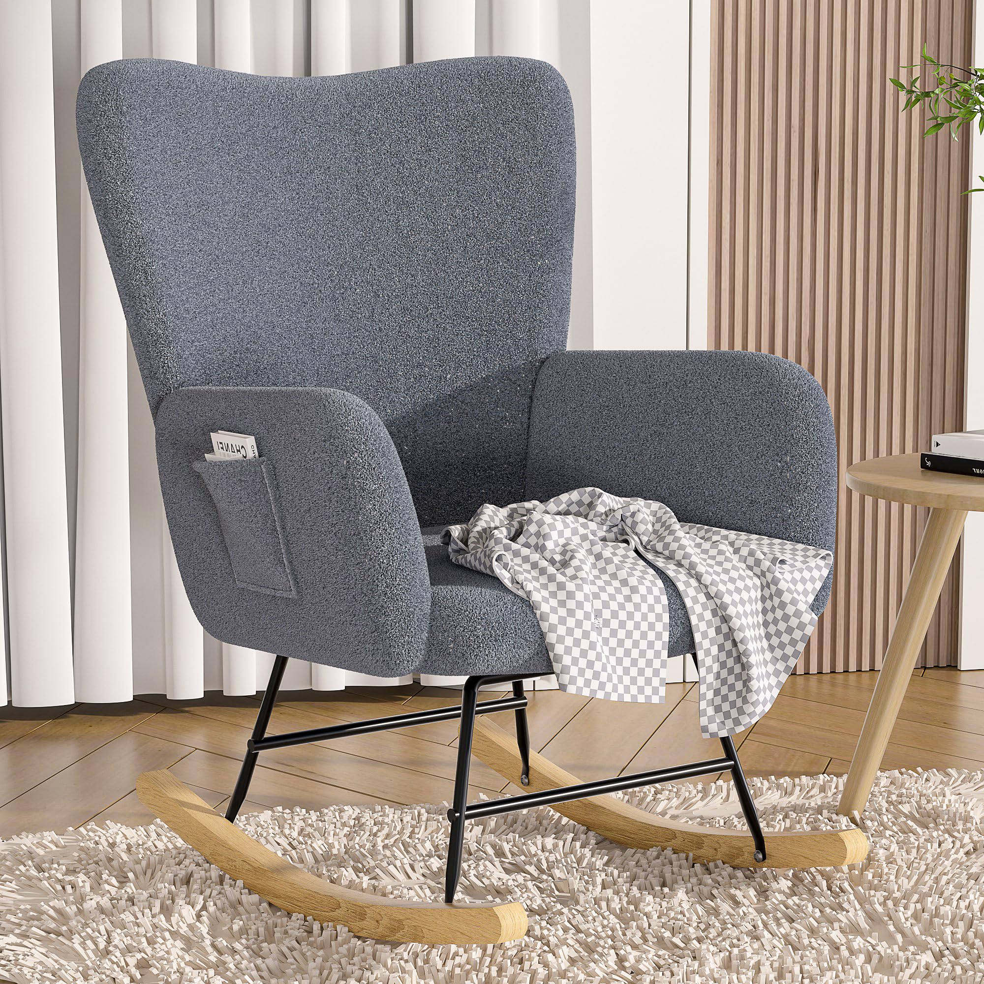 VECELO Rocking Chair with Padded Seat & High Backrest - Soft Teddy Upholstered Glider Rocker for Nursery, Living Room, Bedroom - Comfortable Grey Rocking Chair for Nursing, Relaxing & Reading