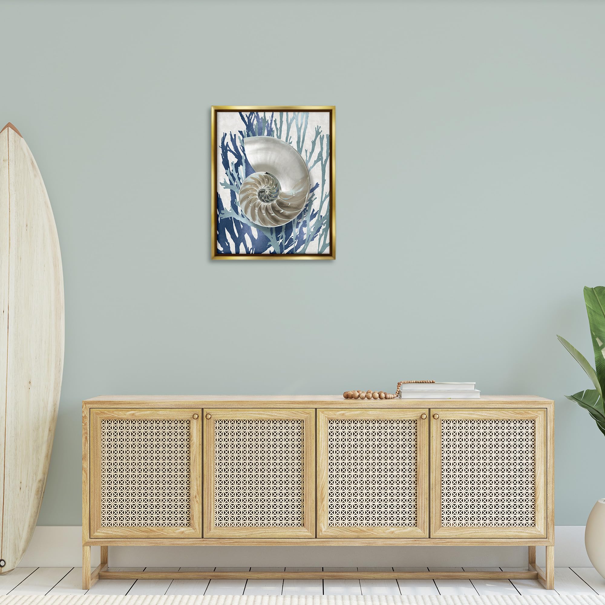 Stupell Industries Coastal Decor - Shell Coral Beach Blue Framed Wall Art by Caroline Kelly | Perfect for Beach House, Bathroom & Nautical Themed Rooms
