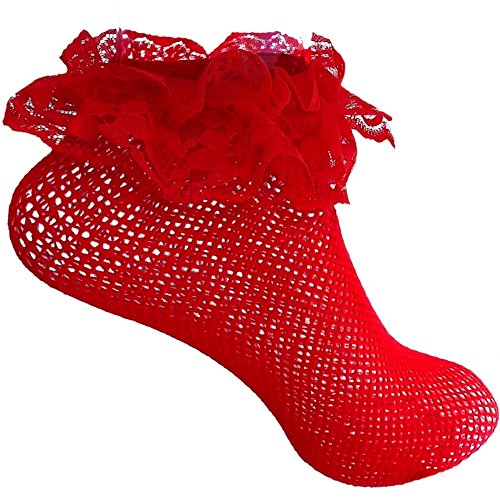 Fishnet Anklet Socks with Ruffle Trim - Sexy Red Fishnet Stockings for Women, Fashionable Lace Ankle Socks for Cosplay, Dance, and Night Out