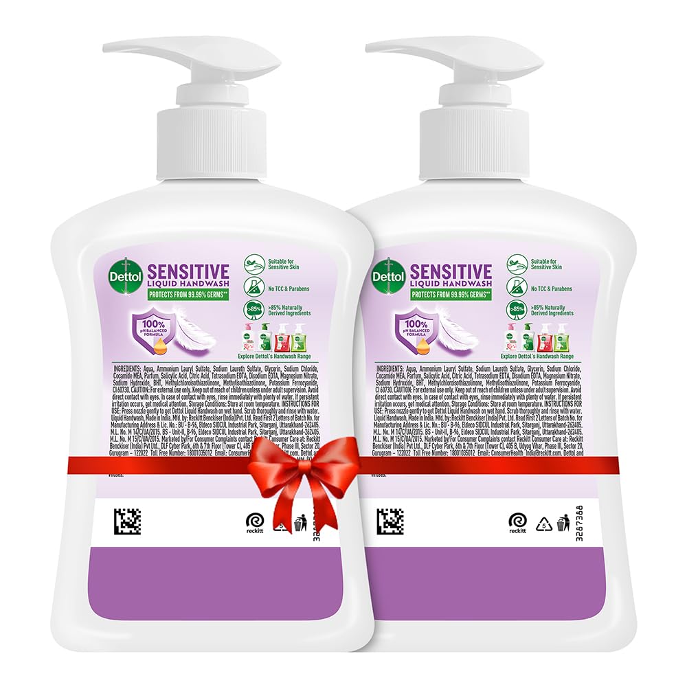 Dettol Sensitive Liquid Hand Wash Pump - 200ml (Pack of 2) | Gentle Antibacterial Hand Soap for Dry & Sensitive Skin | Ideal for Home, Office & Bathroom Use
