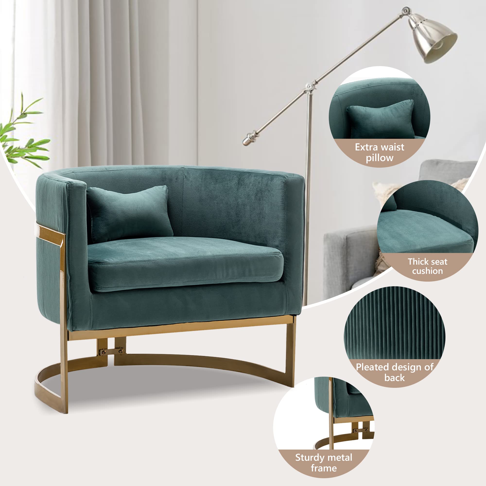 Velvet Accent Chair with Gold Legs - Modern Upholstered Armchair for Living Room, Bedroom & Office - Lake Blue Barrel Chair for Cozy Seating & Stylish Home Decor
