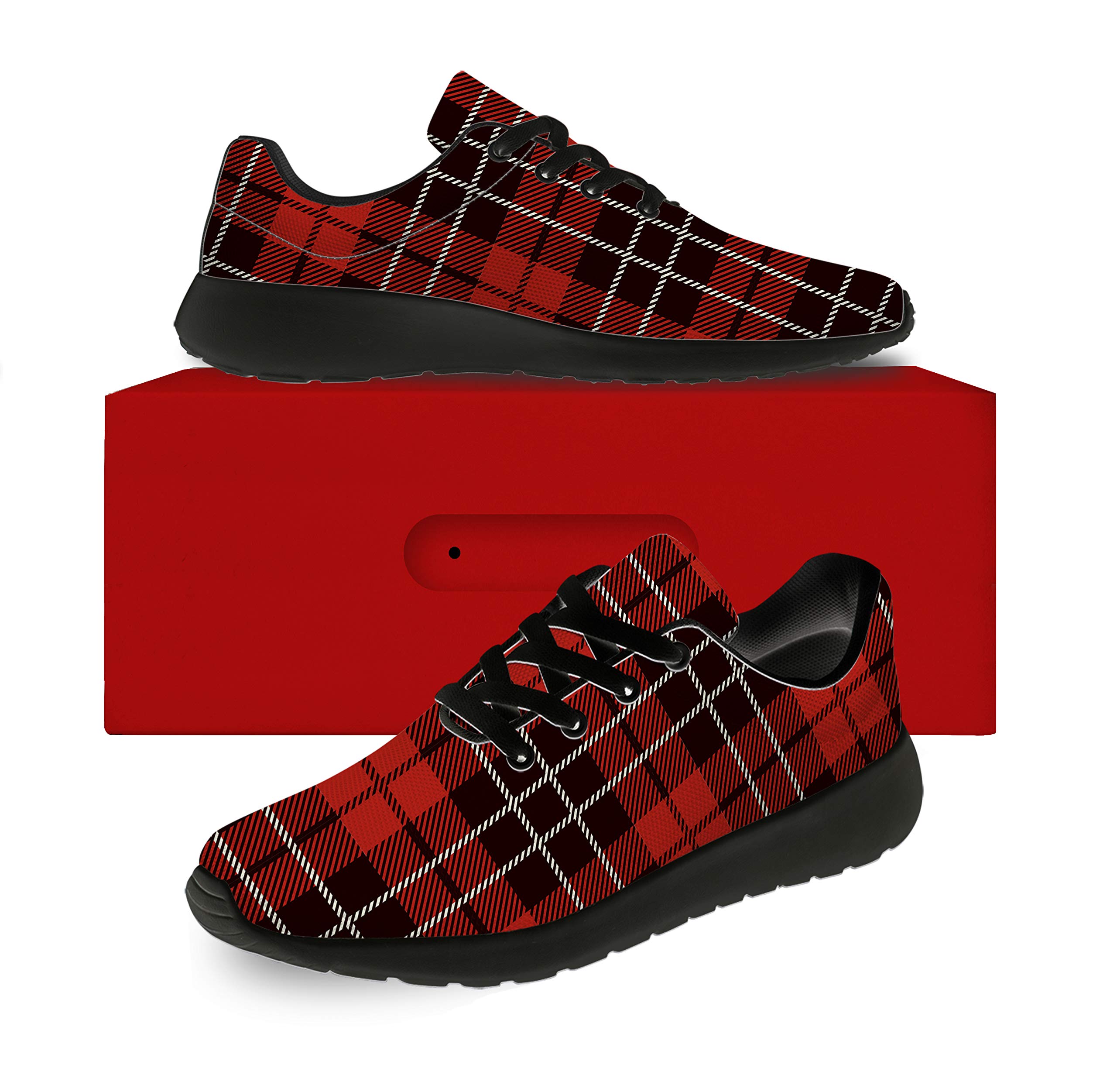 **Men's & Women's Buffalo Plaid Running Shoes - Red Black Tartan Check Sneakers for Walking, Tennis & Casual Wear - Size 10.5 Men/12 Women - Perfect Gifts for Boys & Girls**    *(Ideal for jogging, gym workouts, outdoor activities, and stylish everyday outfits)*