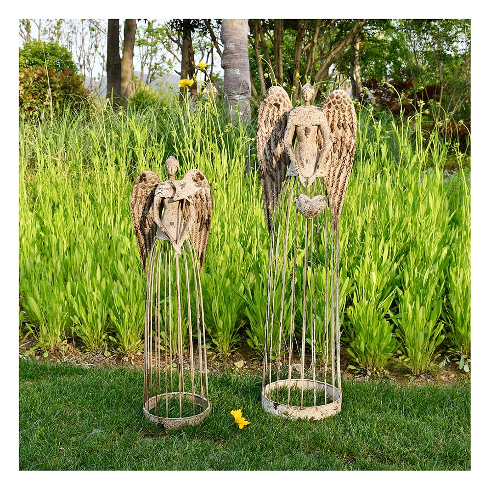 Linfevisi Rustic Metal Garden Angel Statue Decor - 2 Pack Antique Outdoor Yard Art (Star & Heart Design) for Home, Garden, Patio - Perfect Housewarming Gift & Heavenly Decor for Outdoor Spaces