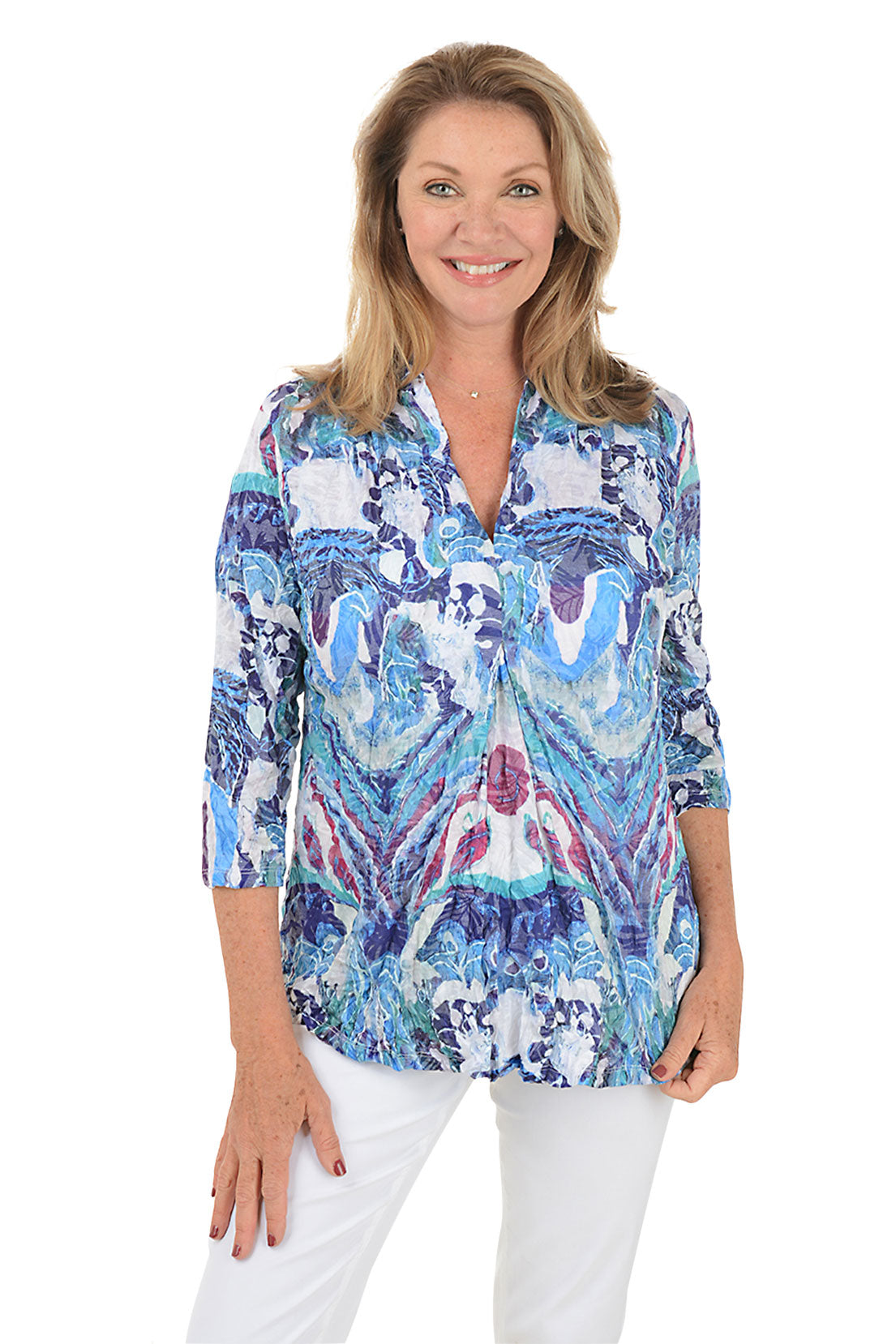 Abstract Marble Print Crinkle Pleated Front Blouse - Stylish Women's Tops for Casual Outings & Office Wear