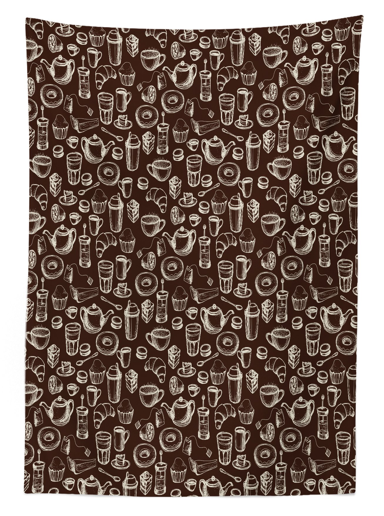 Ambesonne Brown and White Outdoor Tablecloth - Hand Drawn Coffee Tea Cups Donuts Sweets Pattern - Washable Picnic Table Cover 58x84 Inches - Perfect for Garden Parties, BBQs, and Outdoor Dining - Dark Brown and White Decorative Tablecloth
