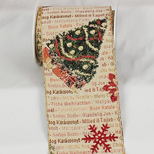 Christmas Tree Gobelin Tapestry Wired Craft Ribbon - 6 Inch x 9 Yards Green Decorative Ribbon for Holiday Wreaths, Gift Wrapping & DIY Christmas Decorations