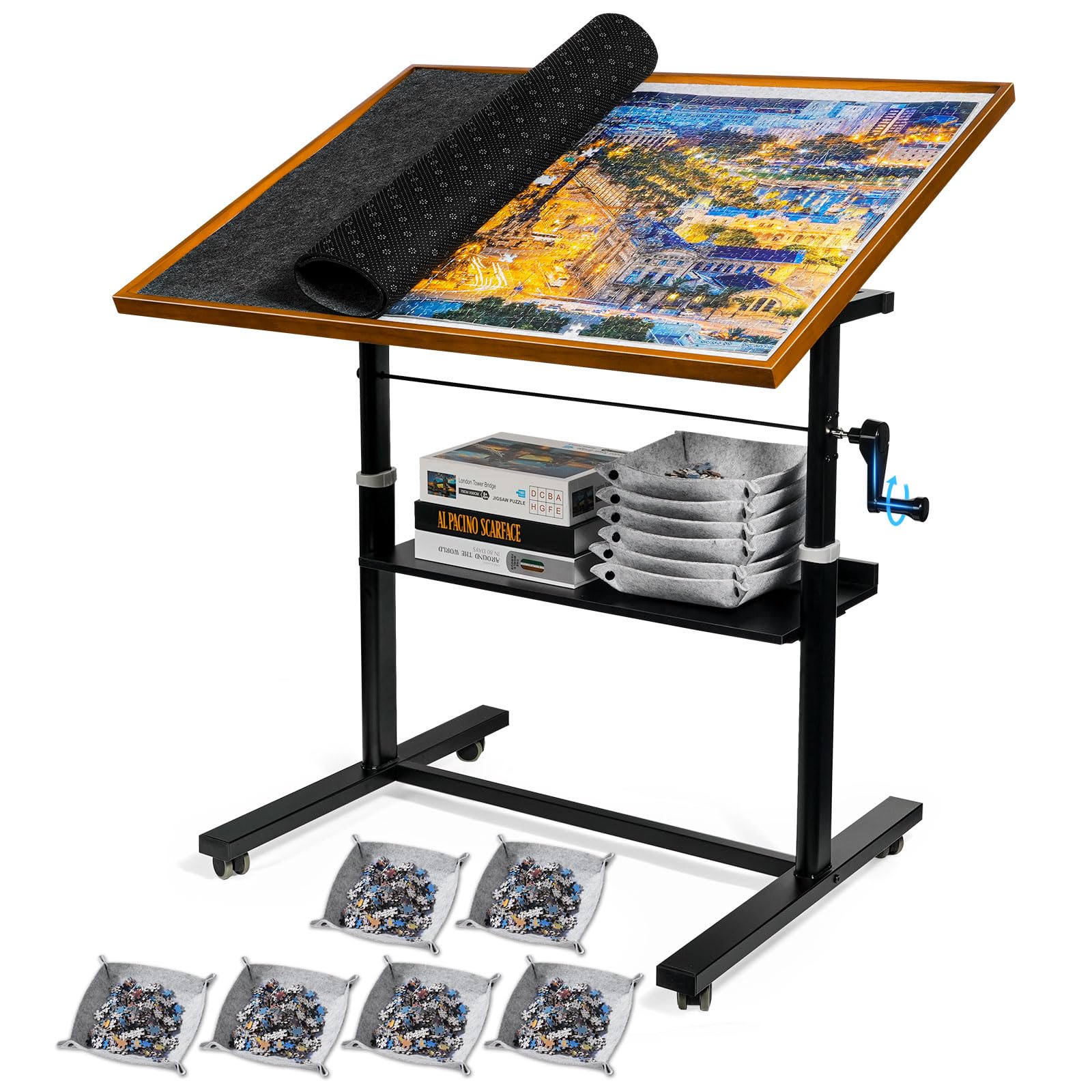 Sunix Adjustable Jigsaw Puzzle Table with Legs & Wheels - 12-Tilting-Angle Puzzle Board for 1500 Pieces, Includes Protector Mat & 6 Sorting Trays - Perfect for Family Game Nights & Educational Activities (Kids & Adults)