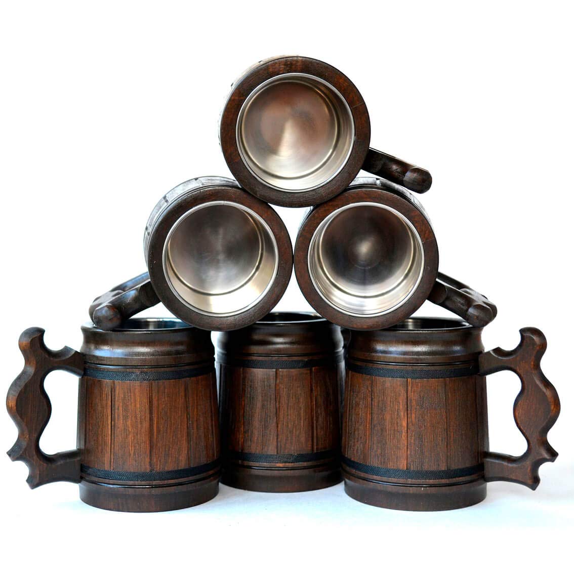 Set of 6 Handcrafted 10oz Beer Mugs - Stainless Steel & Wooden Beer Steins - Coffee Cups for Men - Unique Father's Day, Christmas & Birthday Gifts - Classic Brown - Perfect for Home Bars, BBQs & Man Cave Decor