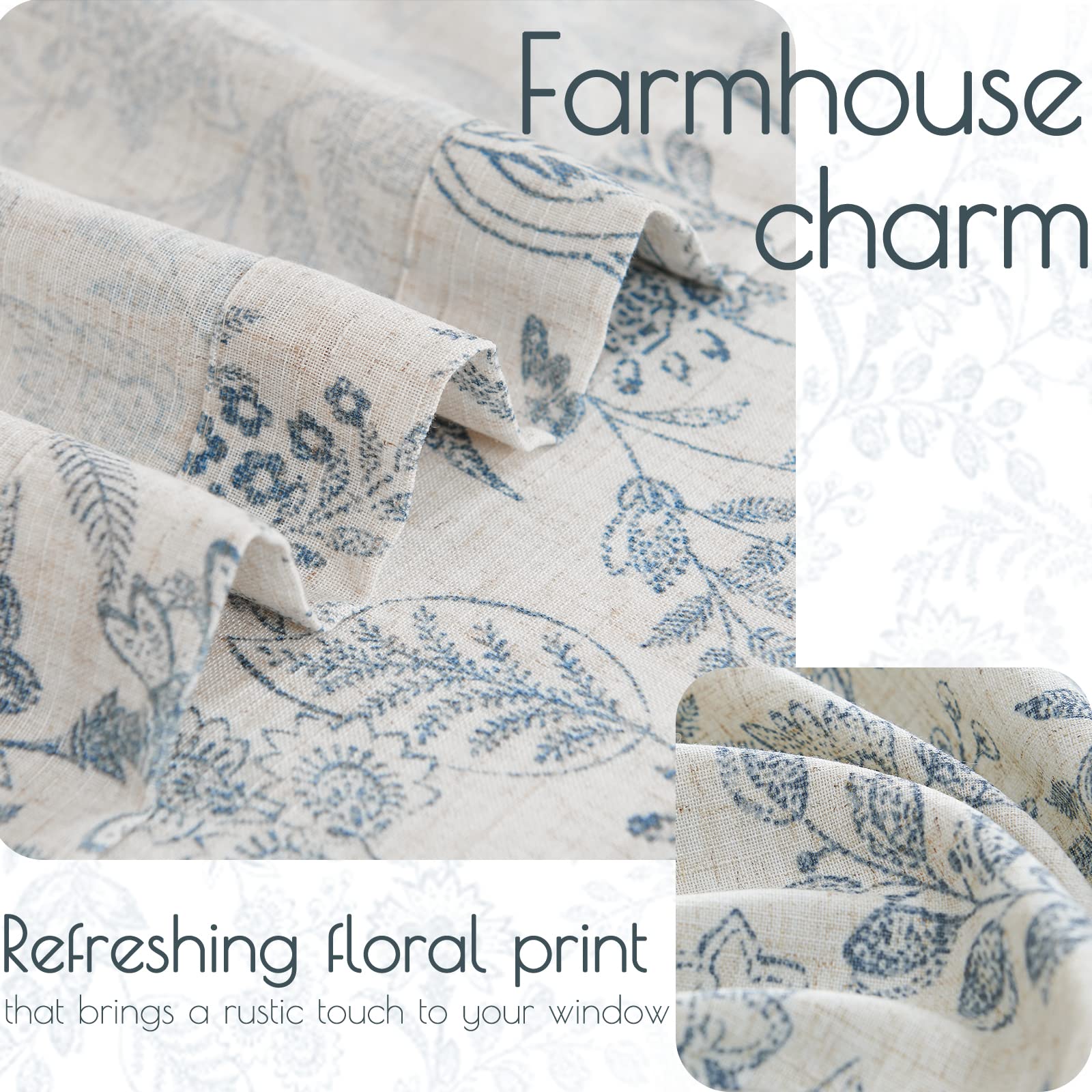 Jinchan Floral Kitchen Curtains 24 Inch - Linen Tier Farmhouse Cafe Curtains for Small Windows | Rustic Botanic Rod Pocket Design in Blue on Beige | Perfect for Country Kitchen, Laundry Room, Bathroom & RV Decor (Set of 2 Panels)