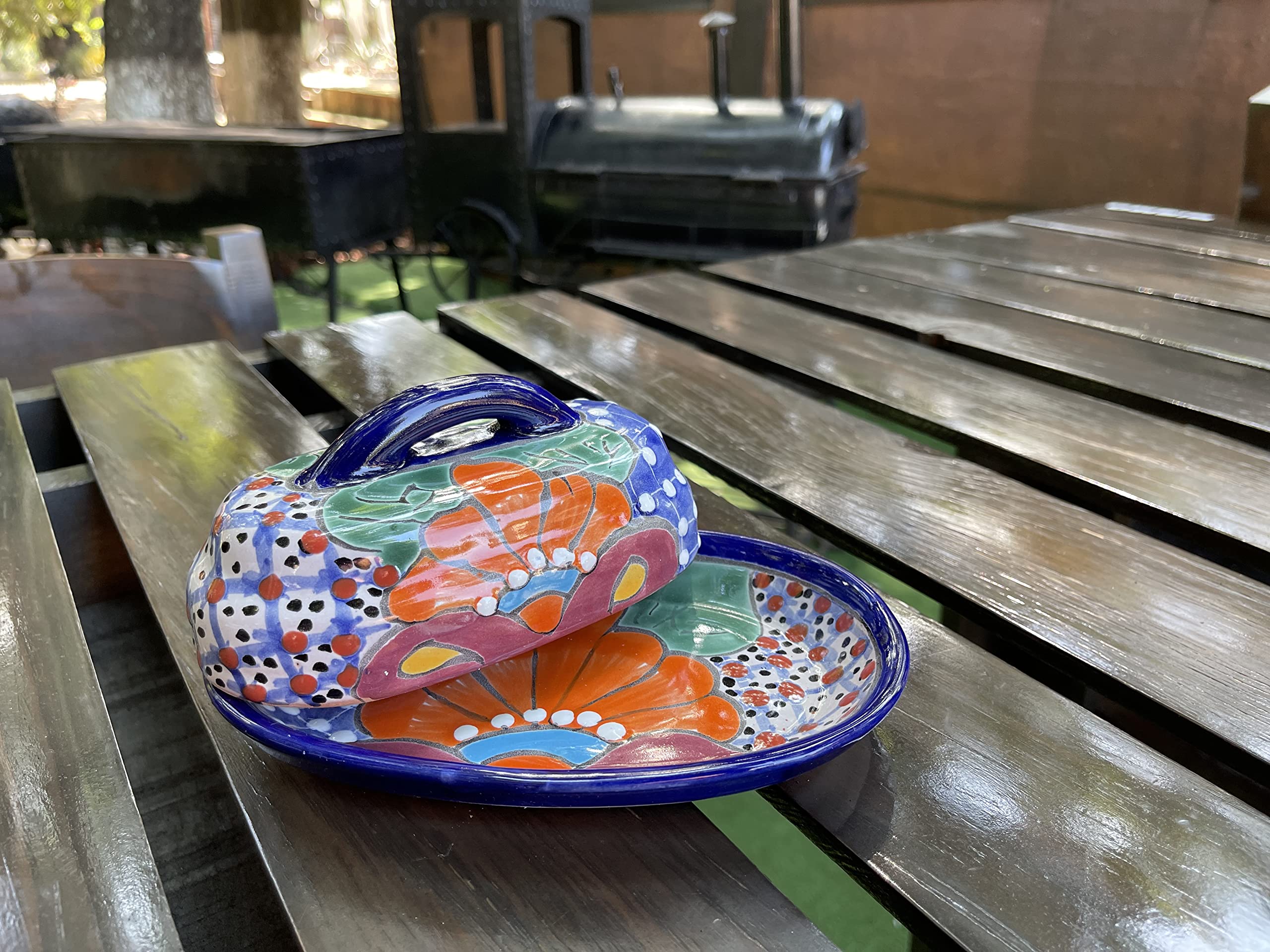 Hand-Painted Authentic Mexican Talavera Ceramic Butter Dish with Lid - Floral Design Kitchen Decor for Dining Table & Breakfast Buffet (Blue)