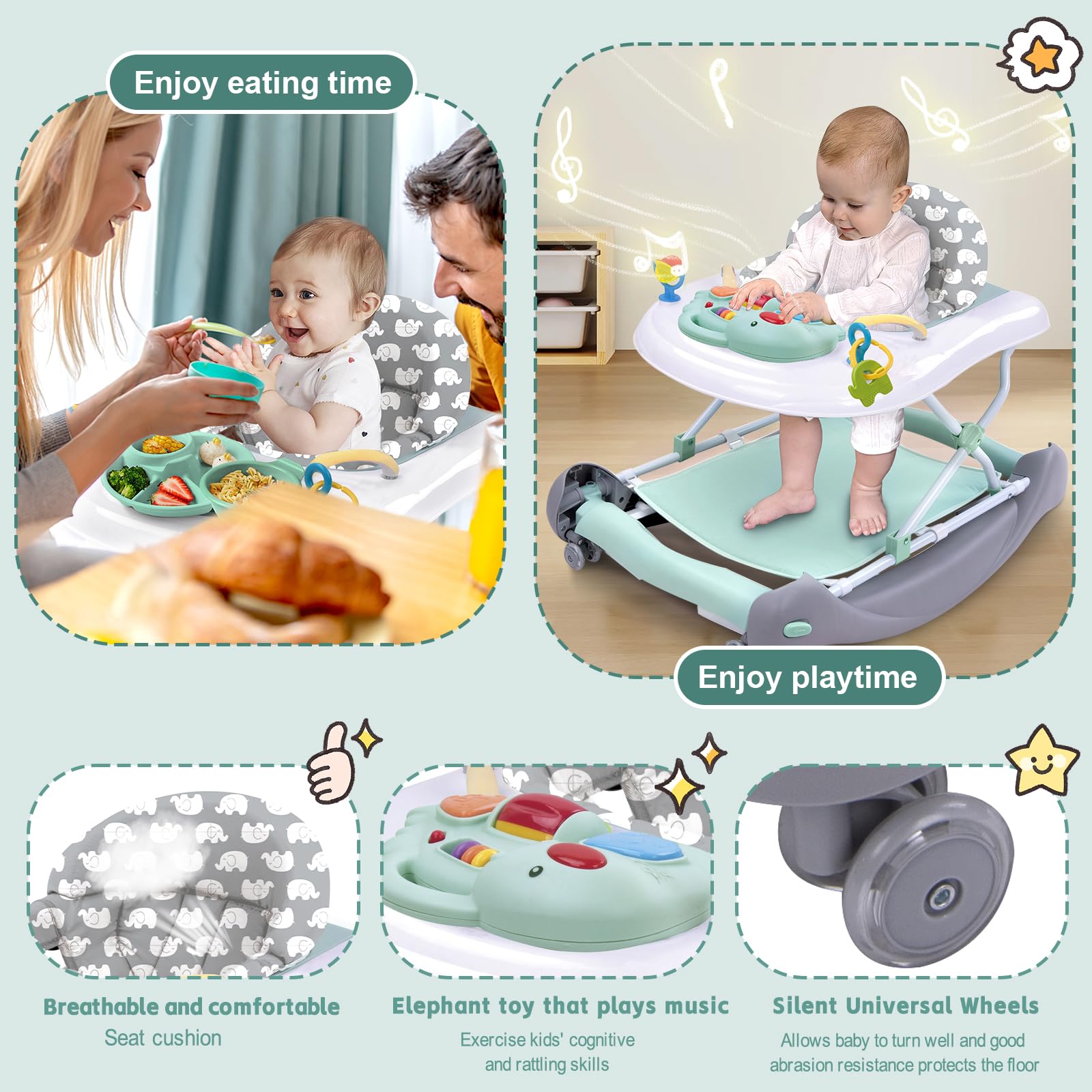 5-in-1 Foldable Baby Walker & Activity Center - Convertible Bouncer, Rocker, Push Walker with Detachable Trampoline Mat | Adjustable Speed Wheels & Height for Babies 6-18 Months (Mint Green) | Perfect for Playtime, Learning to Walk & Indoor Activities