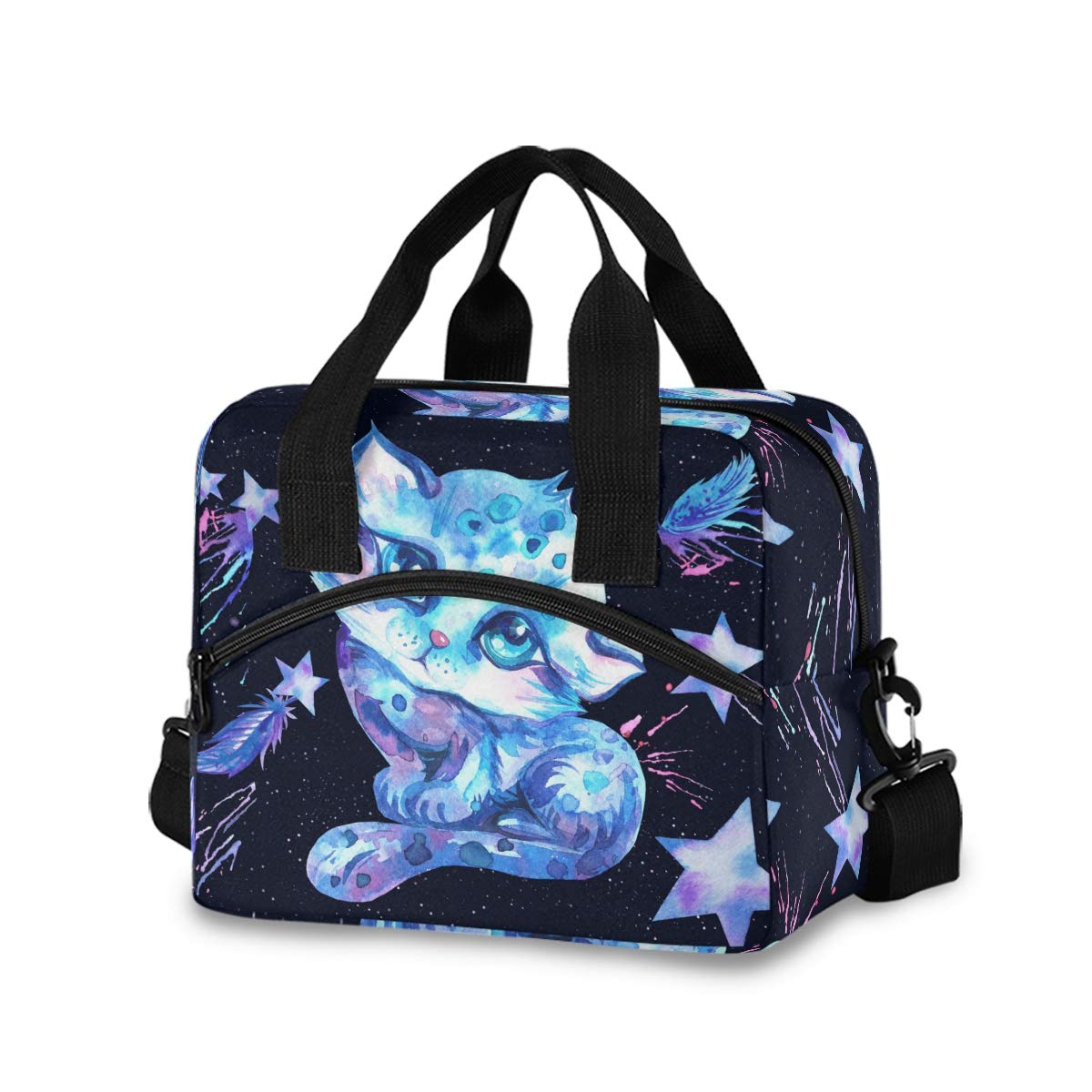 Insulated Lunch Bags for Women & Men - Large Capacity Leakproof Lunch Box with Removable Shoulder Strap, Cat Blue Cosmos Watercolor Design | Perfect for Work, School & Picnics