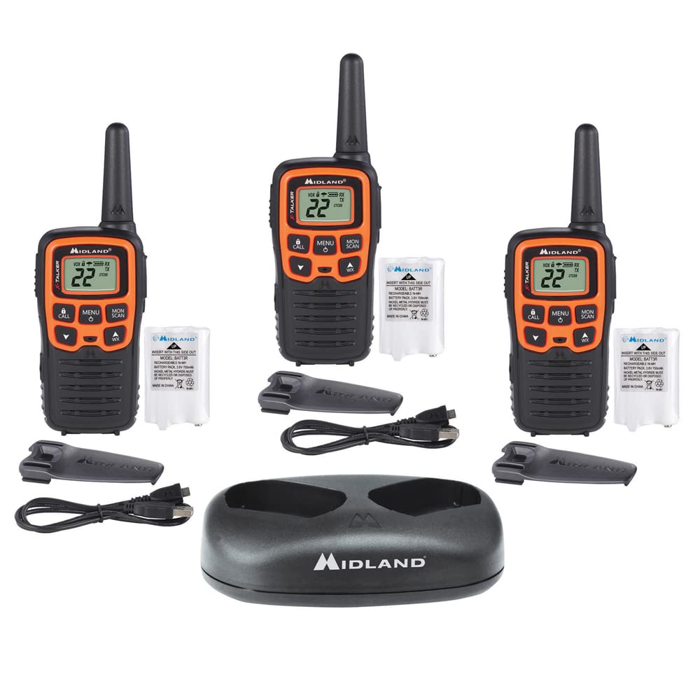Midland T51X3VP3 X-TALKER Walkie Talkie - Long Range Two Way Radio for Camping, Hiking & Outdoor Adventures | Handheld FRS/GMRS Compact Walkie Talkies for RZR, UTV & Off-Road Vehicles | NOAA Weather Alert & Scan | Black/Orange (3-Pack) | Perfect for Emergency Communication & Group Activities