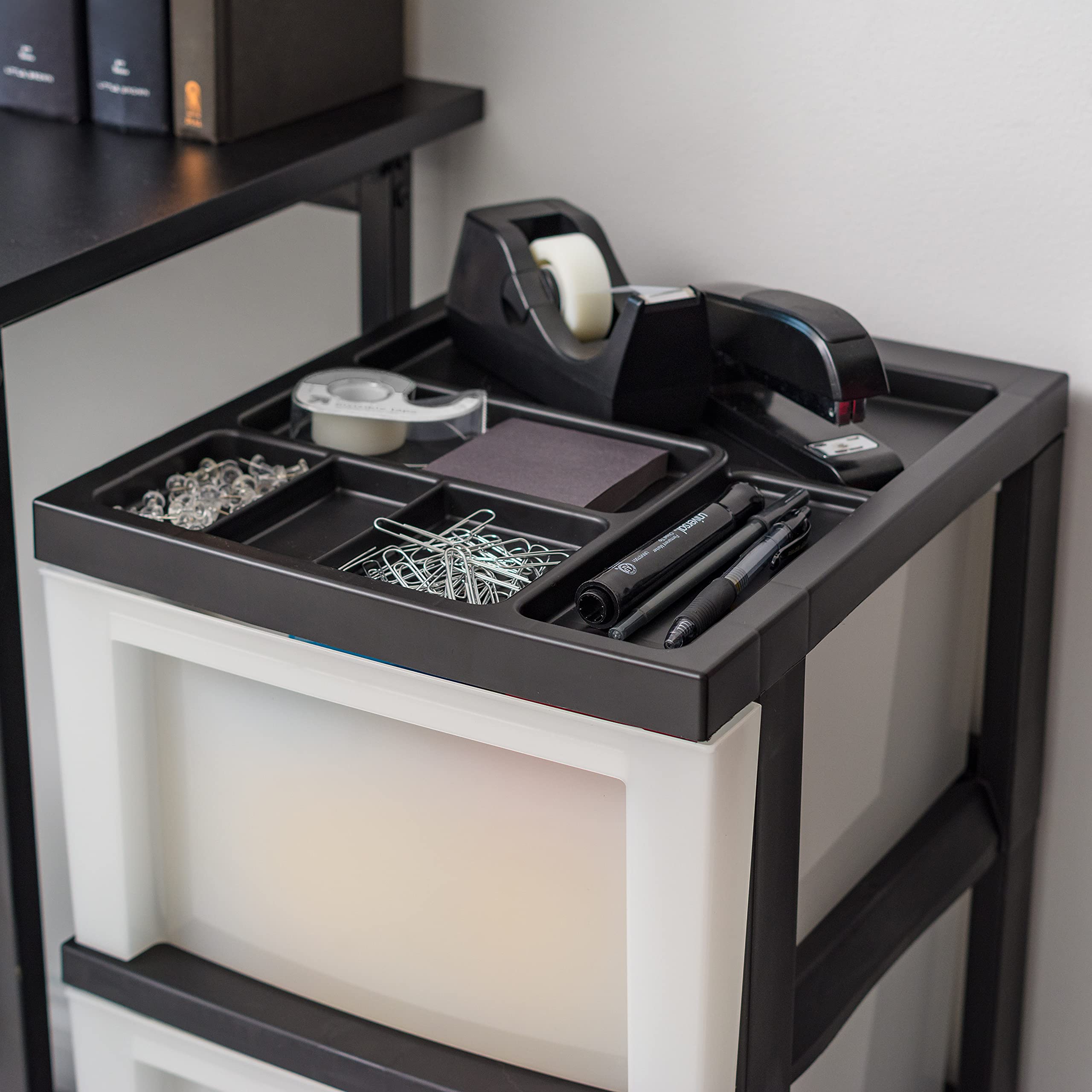 IRIS USA 3-Drawer Plastic Storage Cart with Wheels - Organizer for Classroom, Craft Supplies, Bathroom, Dorm & Laundry Room - Black/Pearl - Perfect for Home, Office & School Organization