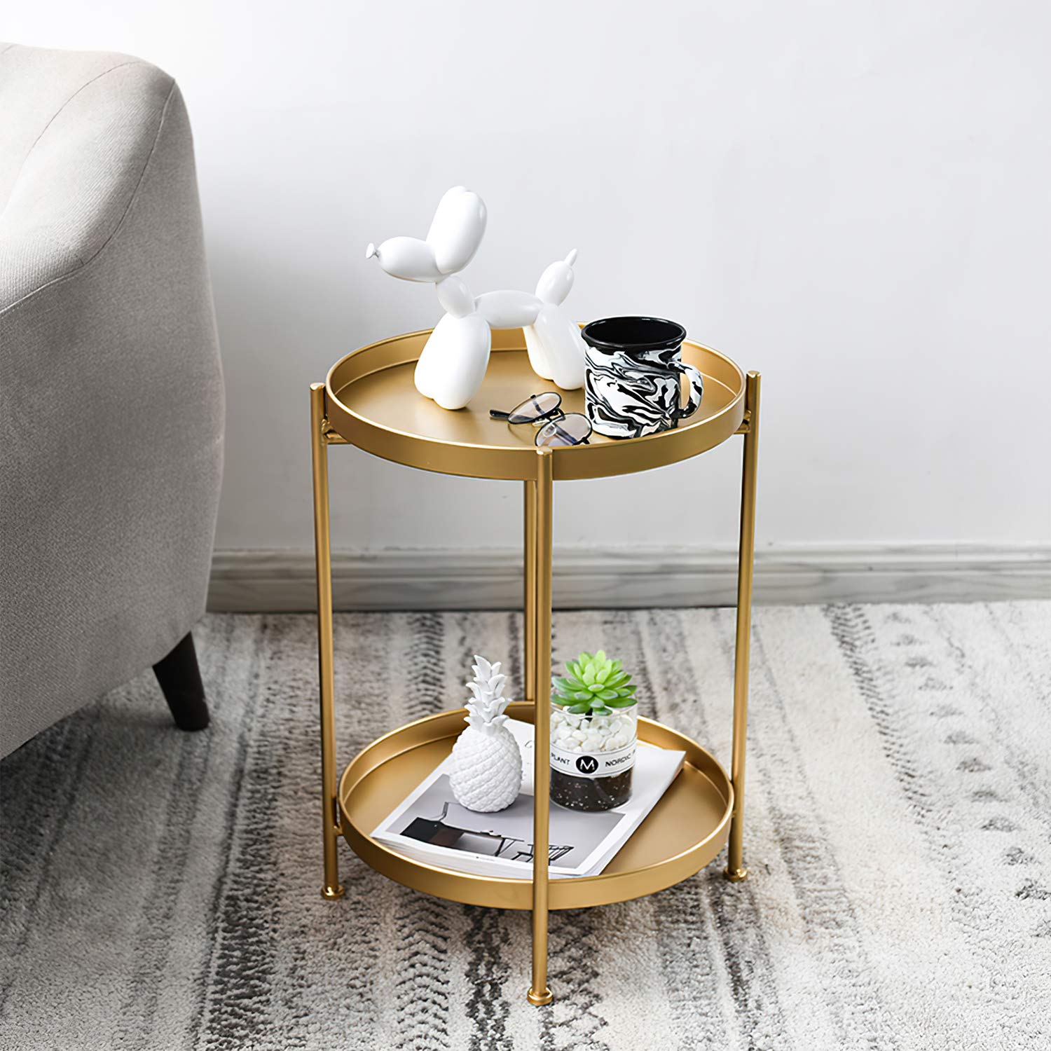 Gold Round Side Table with 2-Tier Tray - Metal End Table for Living Room, Sofa & Small Spaces - Perfect for Coffee, Tea & Living Room Decor