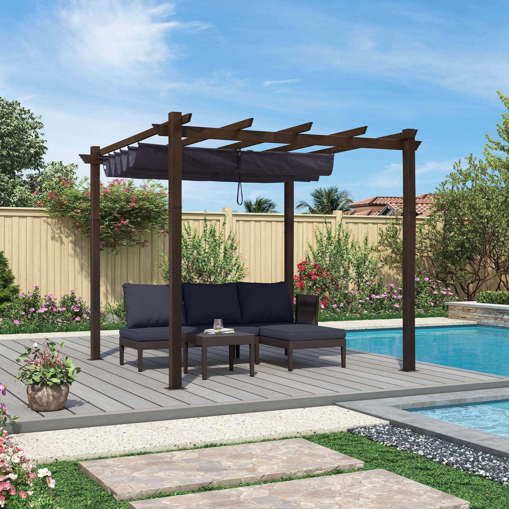 PURPLE LEAF 10x10 FT Retractable Aluminum Pergola with Sun Shade Canopy & 24FT String Lights - Modern Brown Outdoor Shelter for Patio, Garden, Deck (Grape/Navy Blue) | Perfect for Backyard Relaxation & Outdoor Entertaining