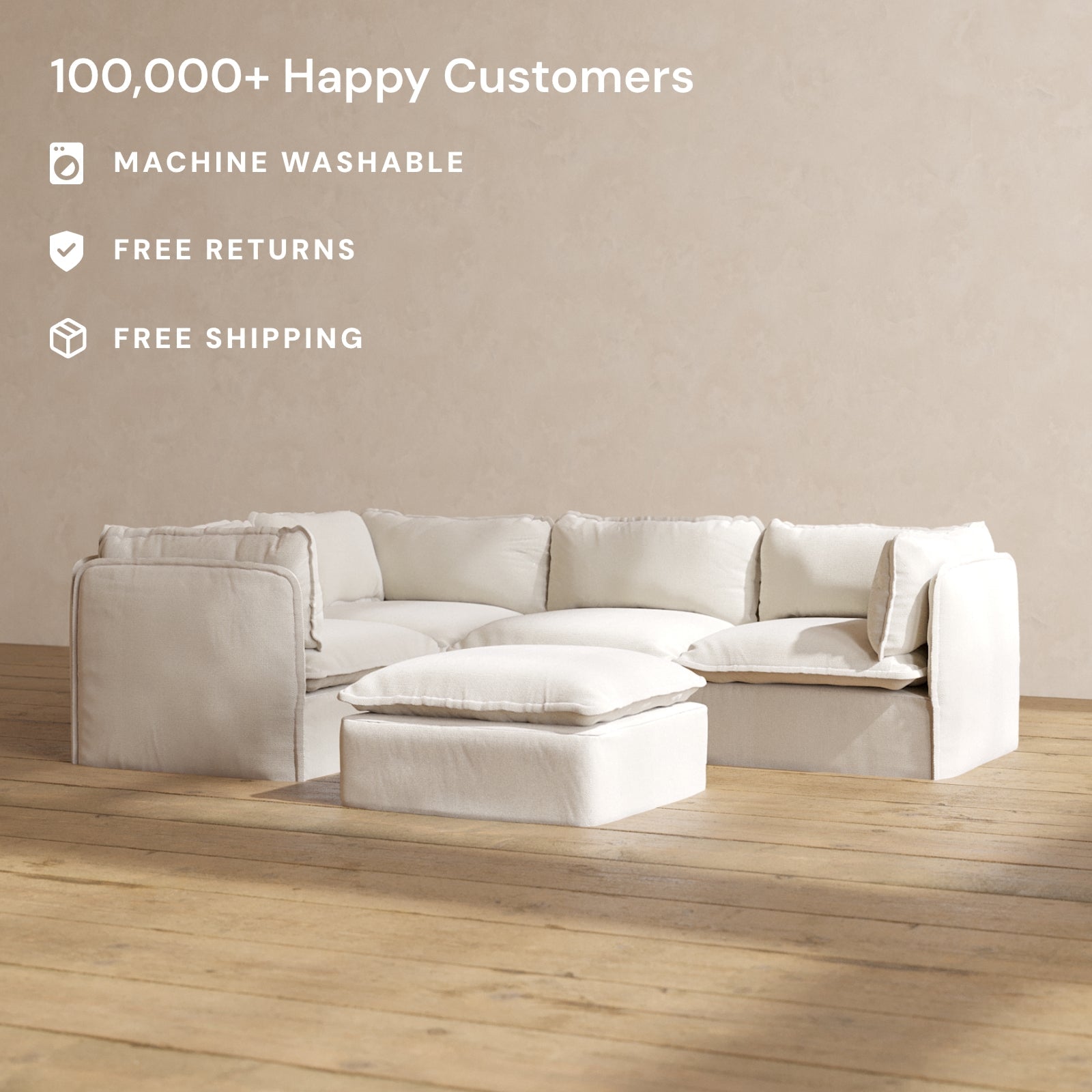 Modular Performance 4-Seater Corner Sectional Sofa with Ottoman in Flour Fabric - Modern L-Shaped Couch for Living Room, Family Room & Lounge Areas