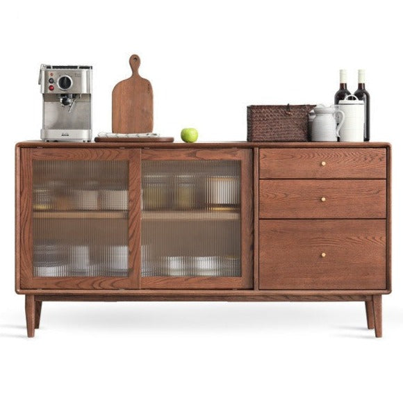 Solid Oak Wood Sideboard Buffet Cabinet - Rustic Farmhouse Dining Room Storage for Dishes, Linens & Entertaining Essentials
