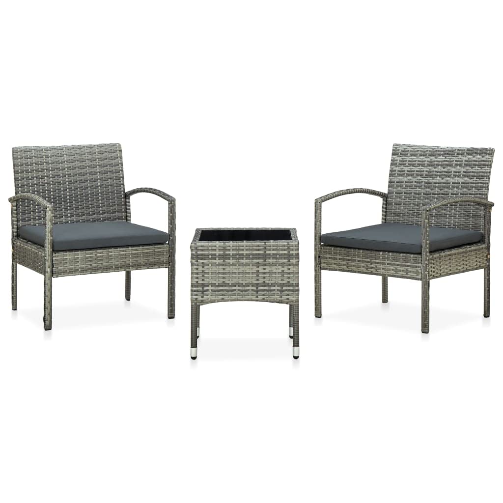 3-Piece Gray Poly Rattan Bistro Set with Cushions - Outdoor Patio Dining & Conversation Furniture for Backyard, Garden, or Poolside Relaxation