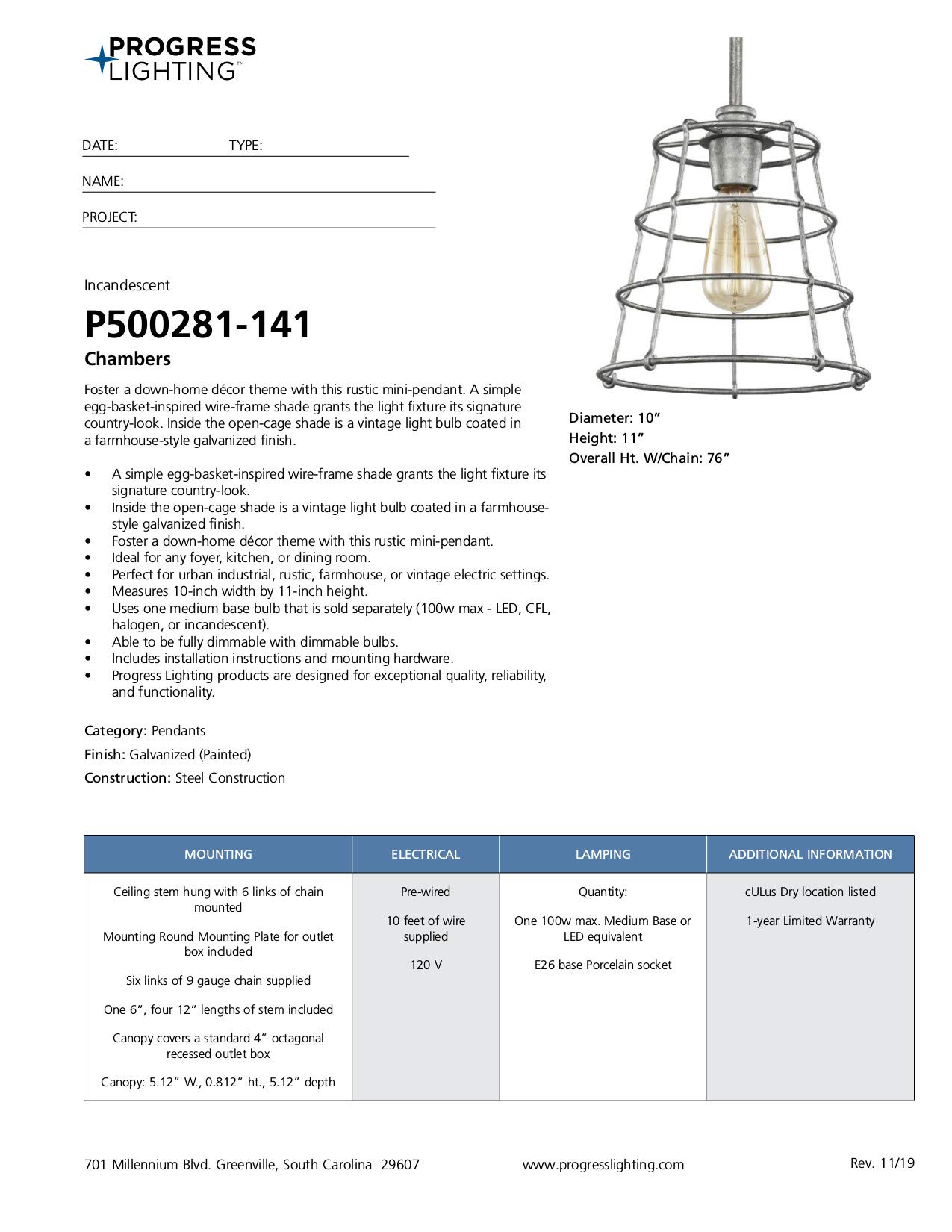 Progress Lighting Chambers Collection 1-Light Farmhouse Pendant Light in Galvanized Metal - Perfect for Kitchen Island, Dining Room, or Entryway Lighting