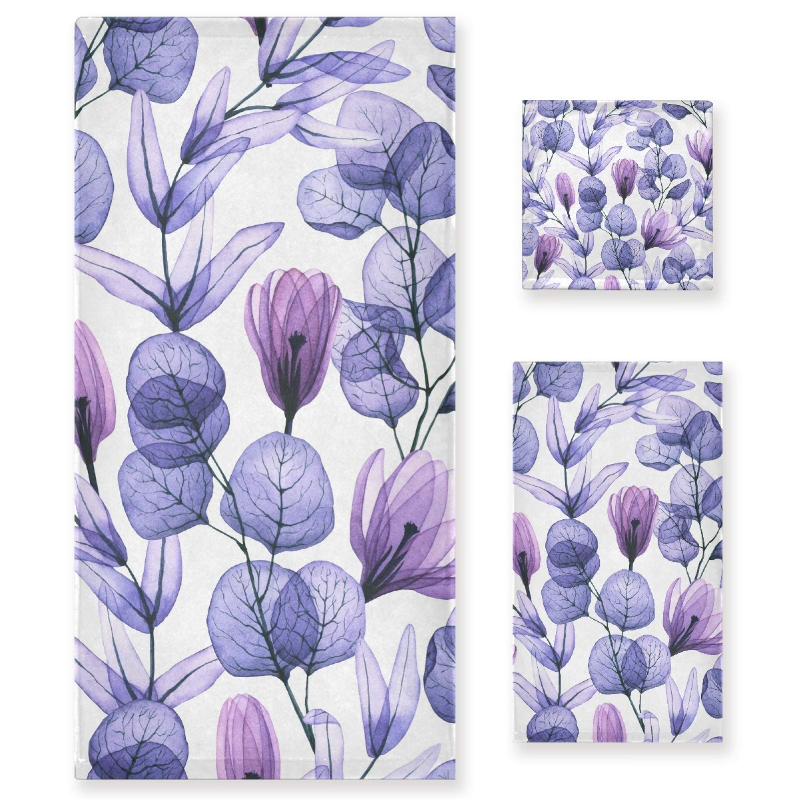 ALAZA 3-Piece Bath Towel Set - Soft, Highly Absorbent Purple Floral Design (1 Bath Towel, 1 Hand Towel, 1 Washcloth) for Bathroom, Spa, Gym & Beach - Luxury Home Decor & Practical Use