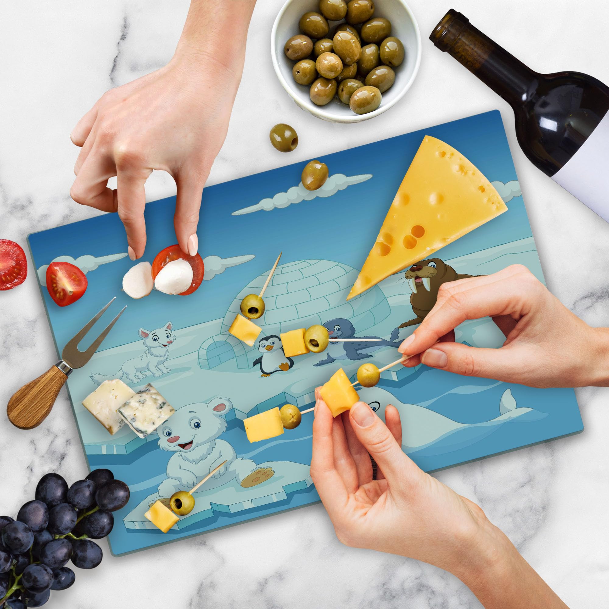 Ambesonne Arctic Animals Tempered Glass Cutting Board - Polar Bears, Seals, Penguins, Wolves & Whales Design - Large Decorative Serving Board in Sky Blue & White - Perfect for Kitchen Prep, Charcuterie & Entertaining