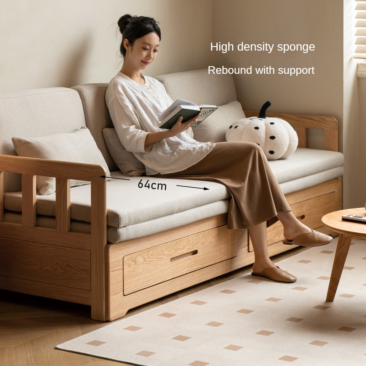 Solid Oak Wood Sofa Bed with Folding & Retractable Storage | Convertible Sleeper for Small Spaces, Guest Rooms & Apartments