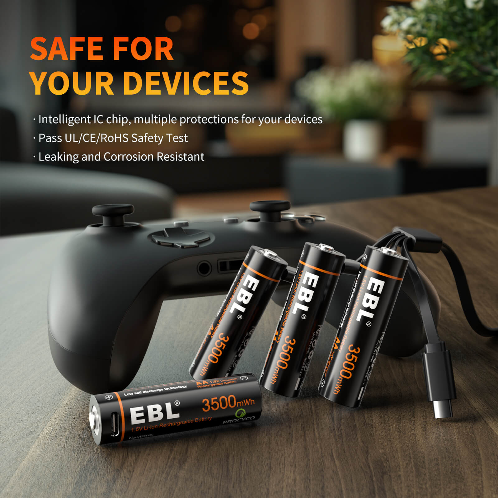 EBL 4-Pack Rechargeable AA Lithium Batteries 3500mWh with USB-C Cable - Long-Lasting Power for Cameras, Flashlights, Gaming Controllers & Smart Home Devices