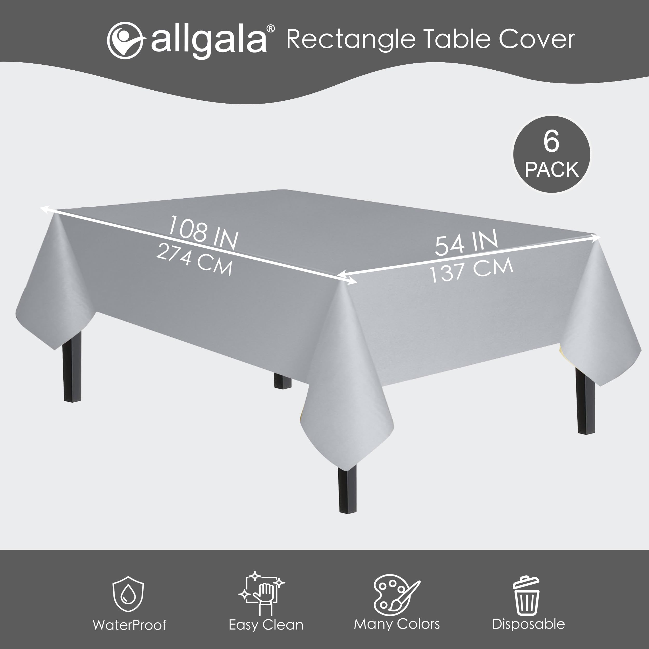 Allgala Waterproof Disposable Tablecloth 6-Pack (54x108 Inches) - Silver - Perfect for Parties, Birthdays, Weddings, Picnics & Home Decorations | Durable & Spill-Proof for Indoor/Outdoor Events