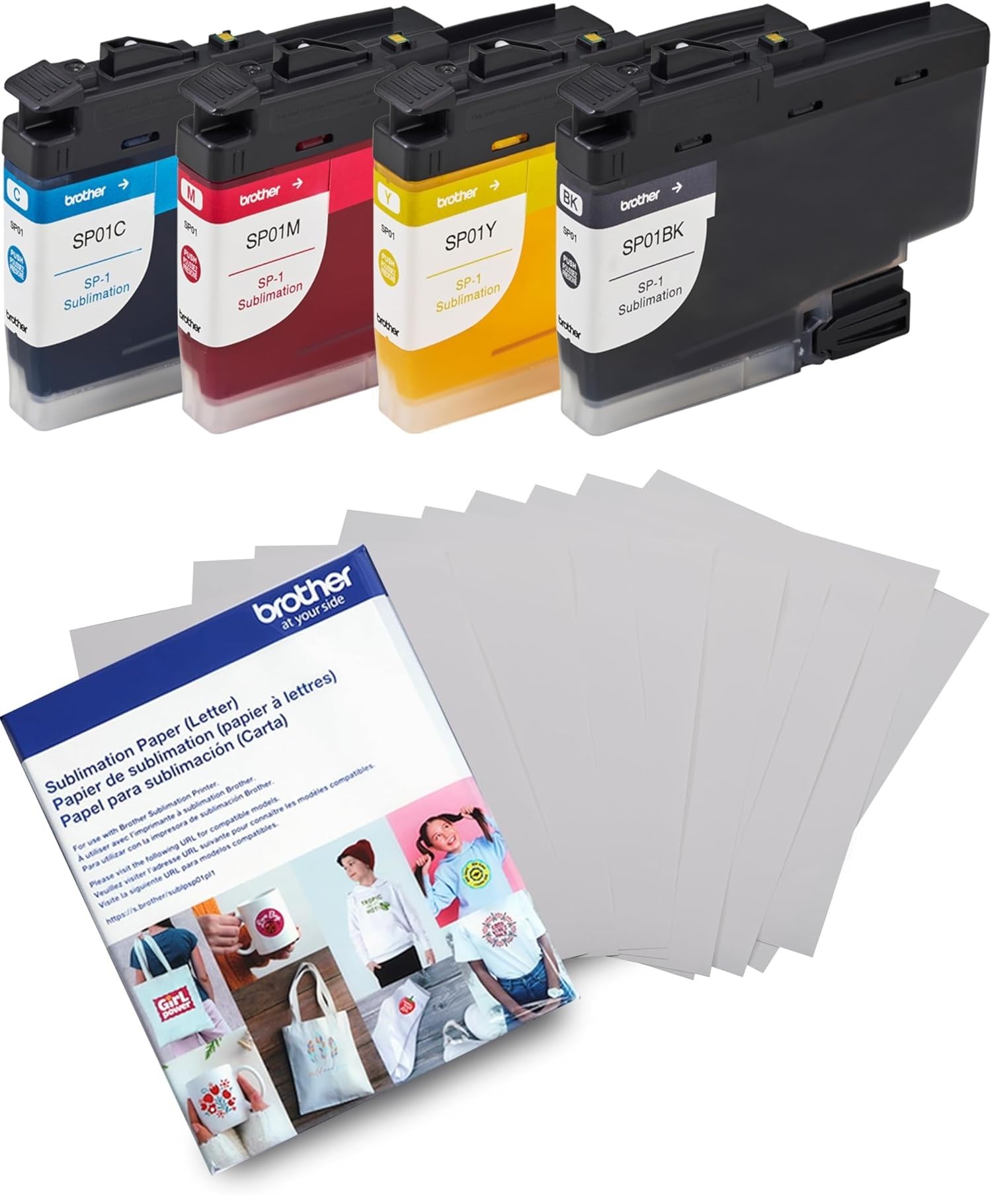 Brother Genuine Sublimation Ink Cartridge 4-Pack (Black, Cyan, Magenta, Yellow) with 100 Sheets Sublimation Paper | High-Quality Dye Sublimation Supplies for T-Shirts, Mugs & Photo Printing