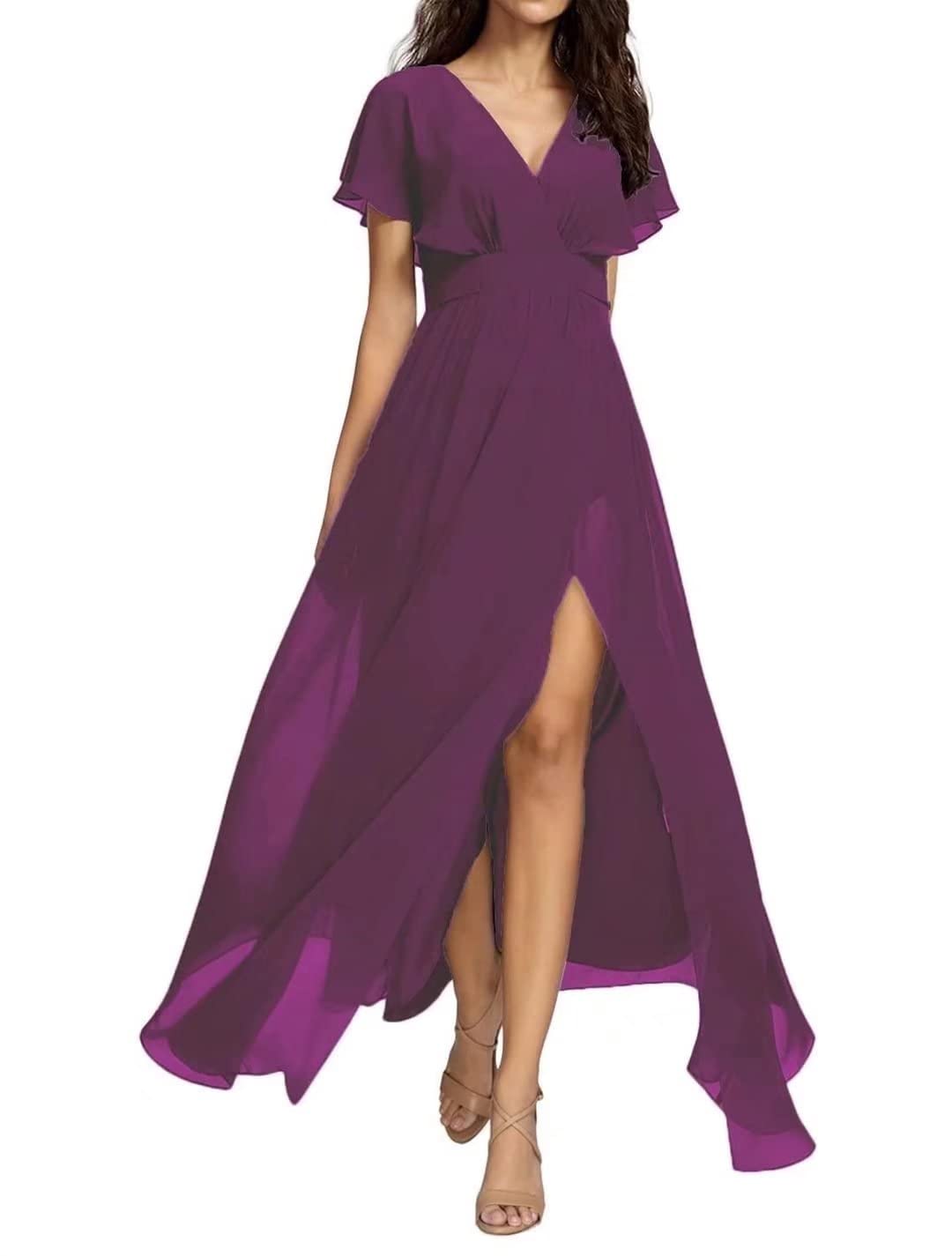 Elegant Yadressy Bridesmaid Dresses - Long Chiffon Maxi Dress with Ruffle Sleeves & High Slit | A-Line Formal Gown for Women | Perfect for Evening Parties, Weddings & Special Occasions