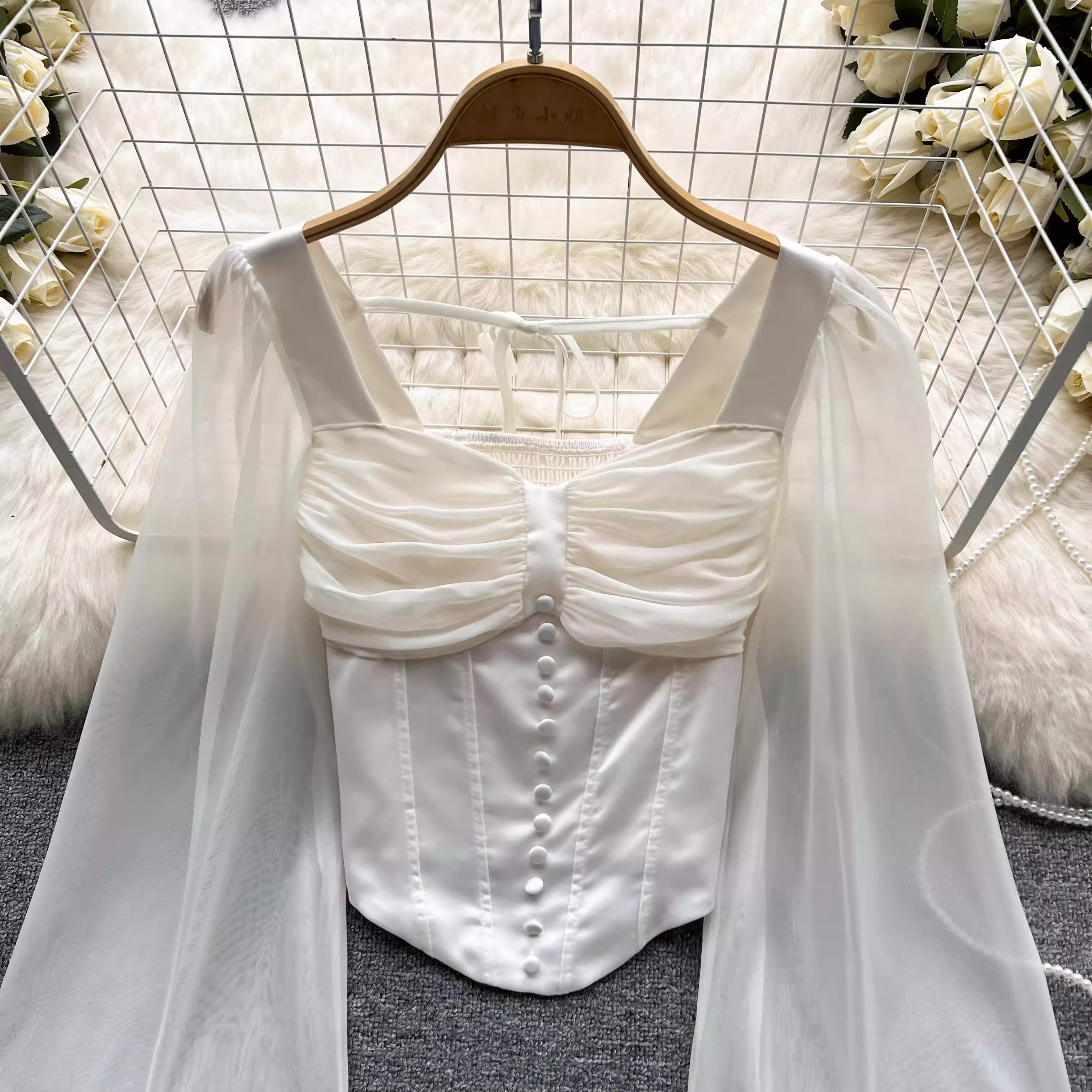 French Sweet Mesh Puff Sleeve Short Chiffon Blouse - Women's Elegant Summer Casual Top - Perfect for Date Night, Office Wear & Beach Cover-Up