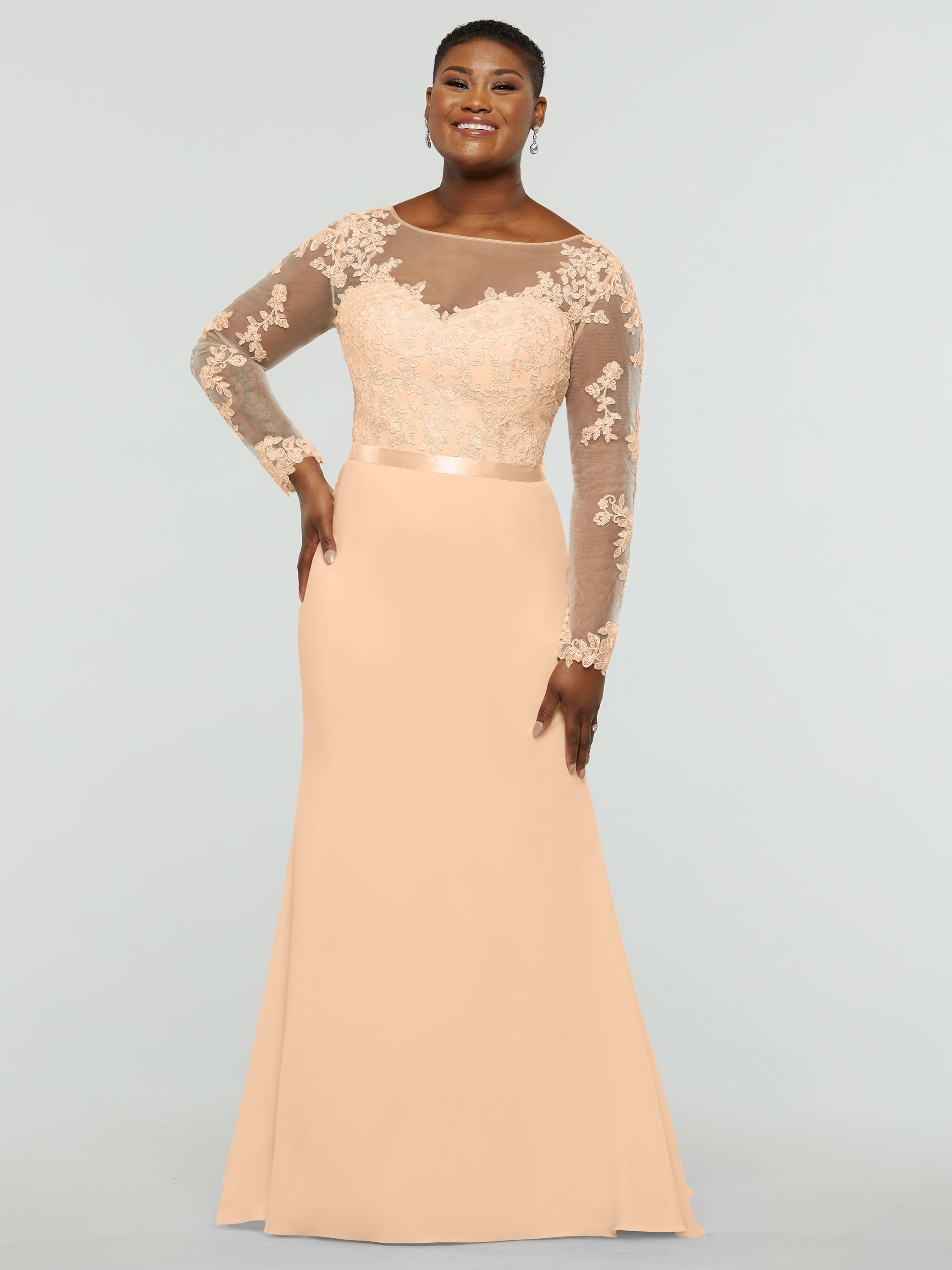 Elegant 80190 Chiffon & Lace Mermaid Bridesmaid Dress with Illusion Long Sleeves - Perfect for Weddings, Proms & Formal Events