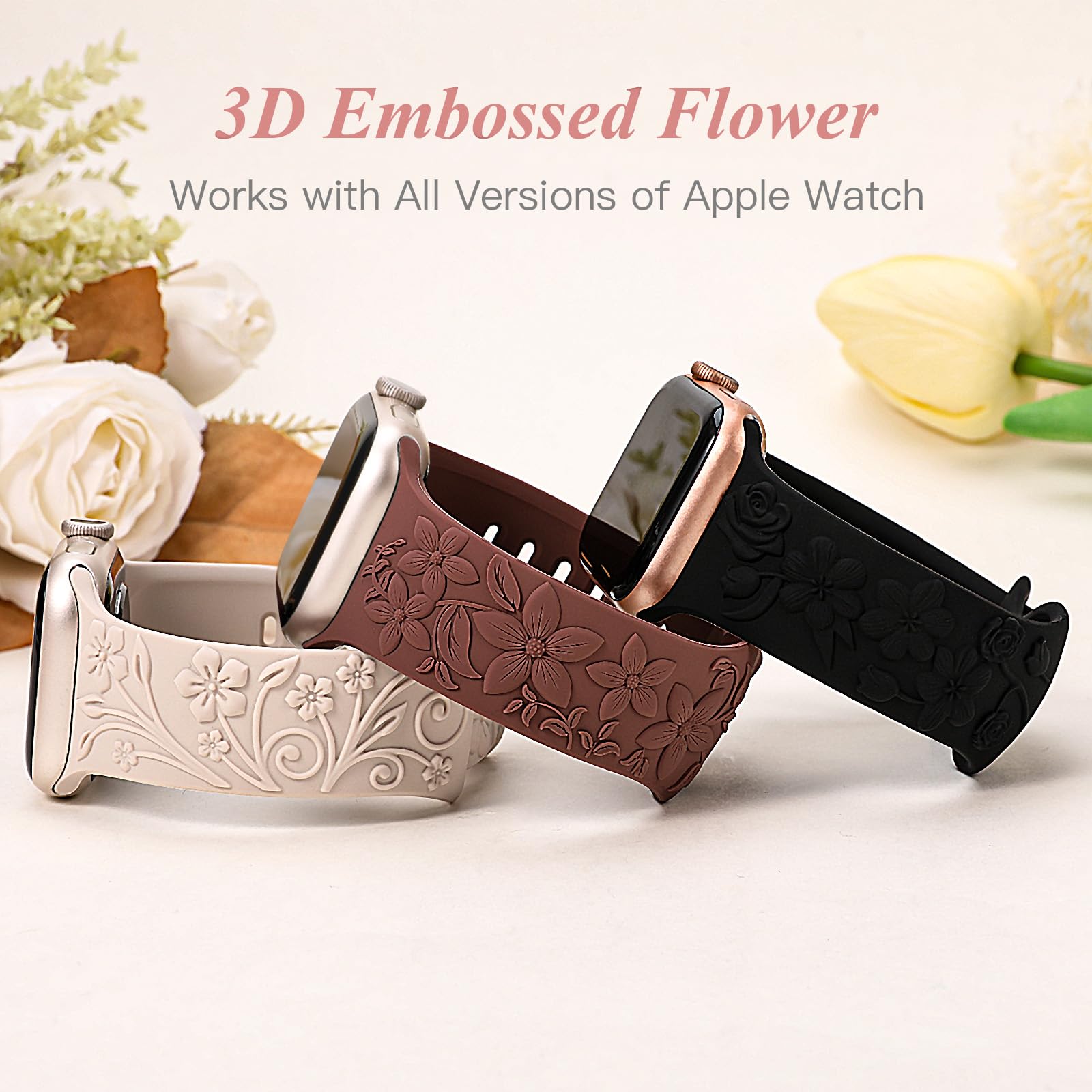 TOYOUTHS 3 Pack Floral Engraved Apple Watch Bands for Women - Soft Silicone Bracelet Compatible with iWatch Series SE/9/8/7/6/5/4/3/2/1 (38mm/40mm/41mm/42mm) - Cute Embossed Flower Design in Starlight/Violet/Black - Perfect for Workout, Daily Wear & Fashion Accessories