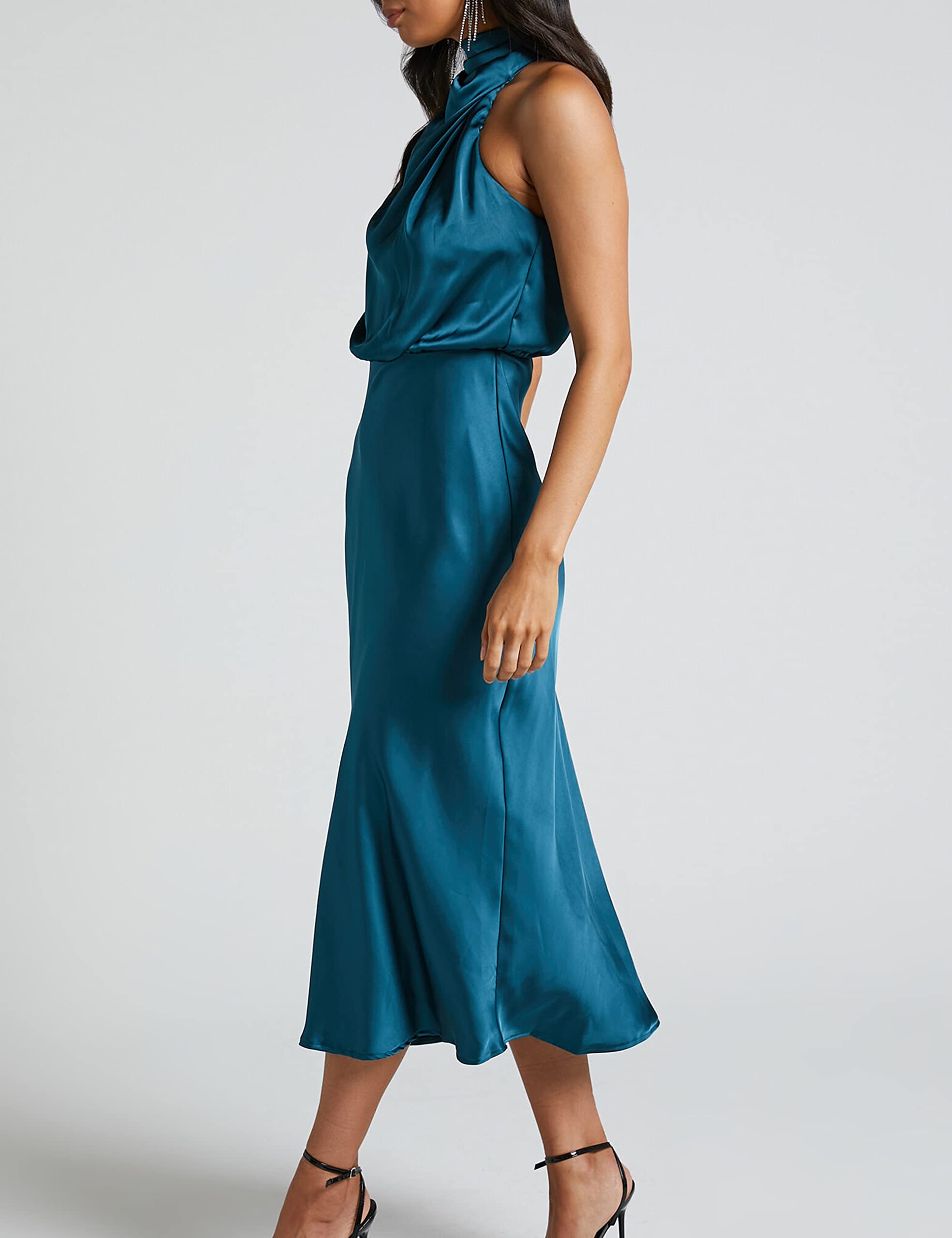 Elegant Women's 2024 Summer Satin High Neck Dress - Silk Sleeveless Mock Neck Cocktail Party Midi Dress for Formal Events, Weddings & Evening Occasions