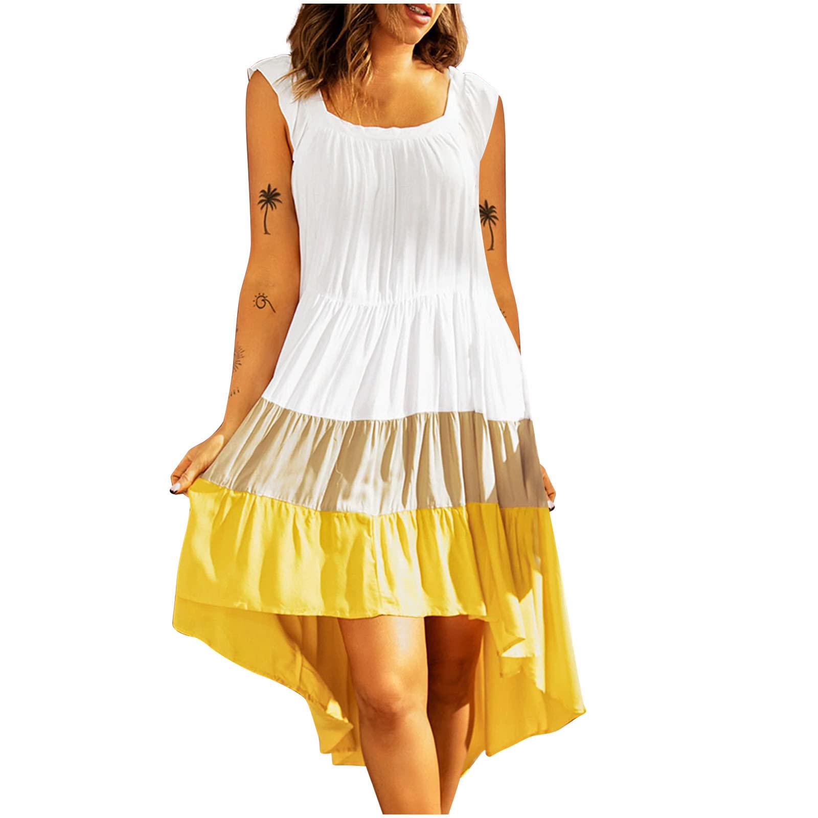 Women's Summer Dresses 2023 - Patchwork Casual Square Neck Sleeveless Maxi & Short Shift Dresses for Vacation, Beach, and Outdoor Events | Flowy Cami Dresses with Embellishments