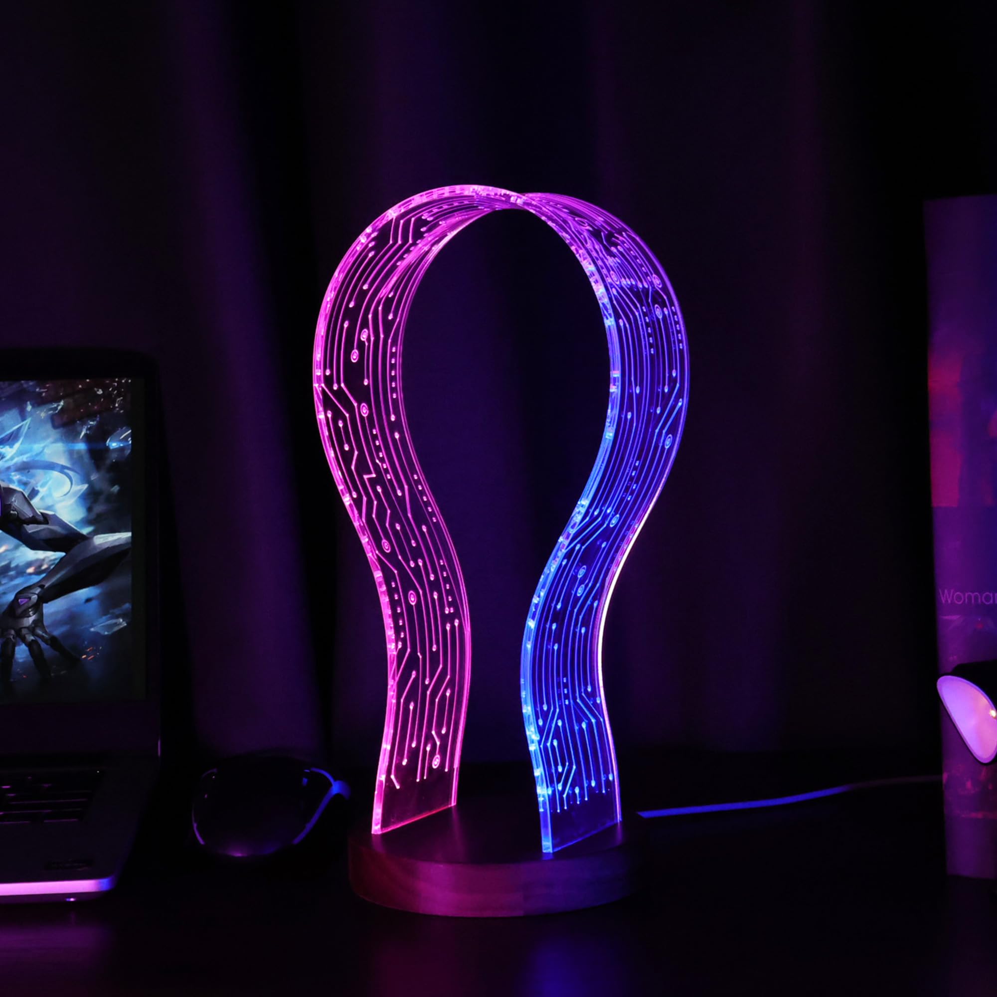 CoolGift Mart LED Headphone Stand with Blue & Pink Night Light - Wooden Gaming Headset Holder for Gamers & Music Lovers - Perfect Desk Organizer for Gaming Setup, Home Office & Bedroom Decor