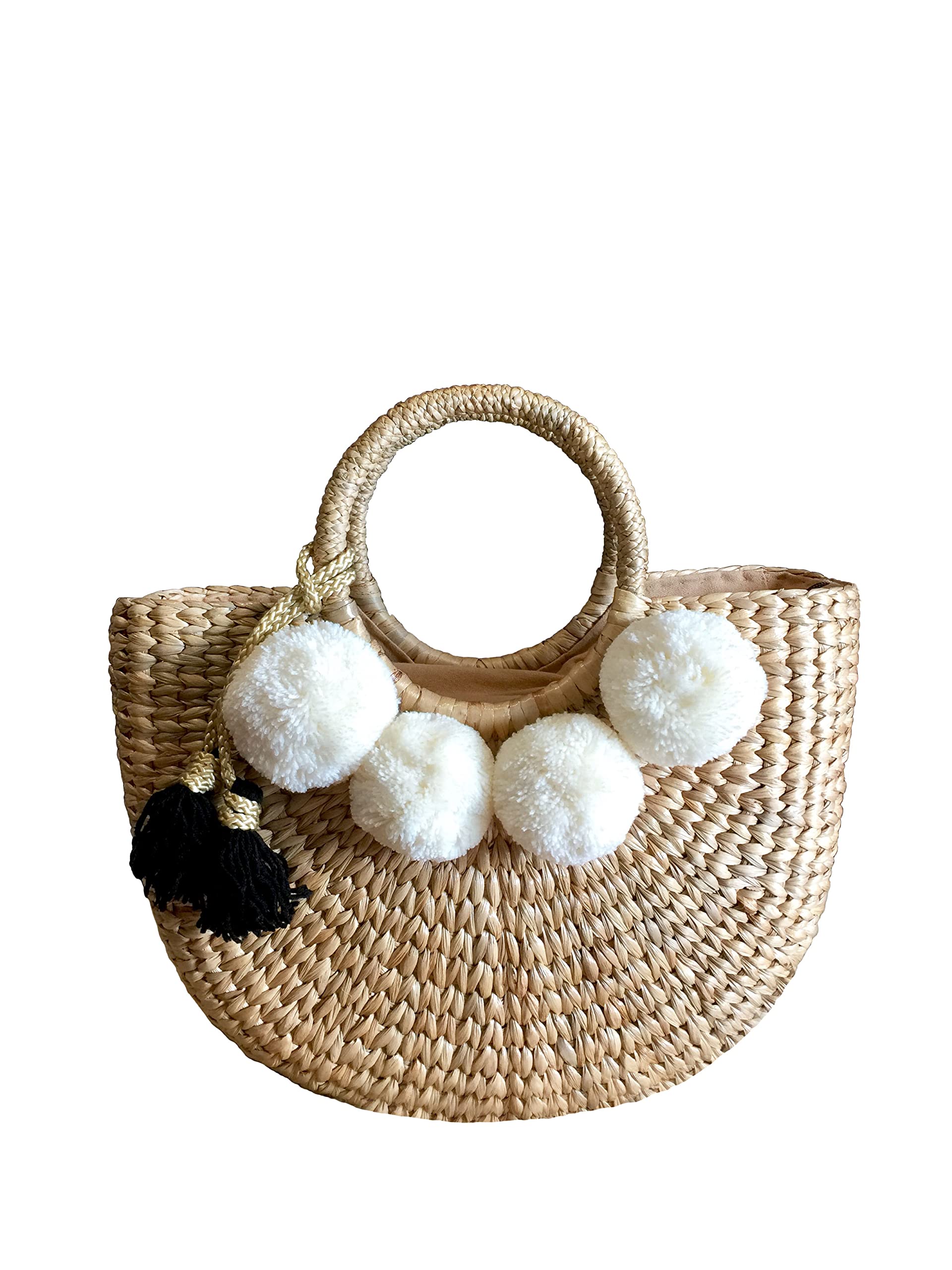 Stylish Pom Pom Straw Tote Bag for Women - Perfect Beach Basket Bag, Summer Straw Handbag for Outings, Picnics & Vacation