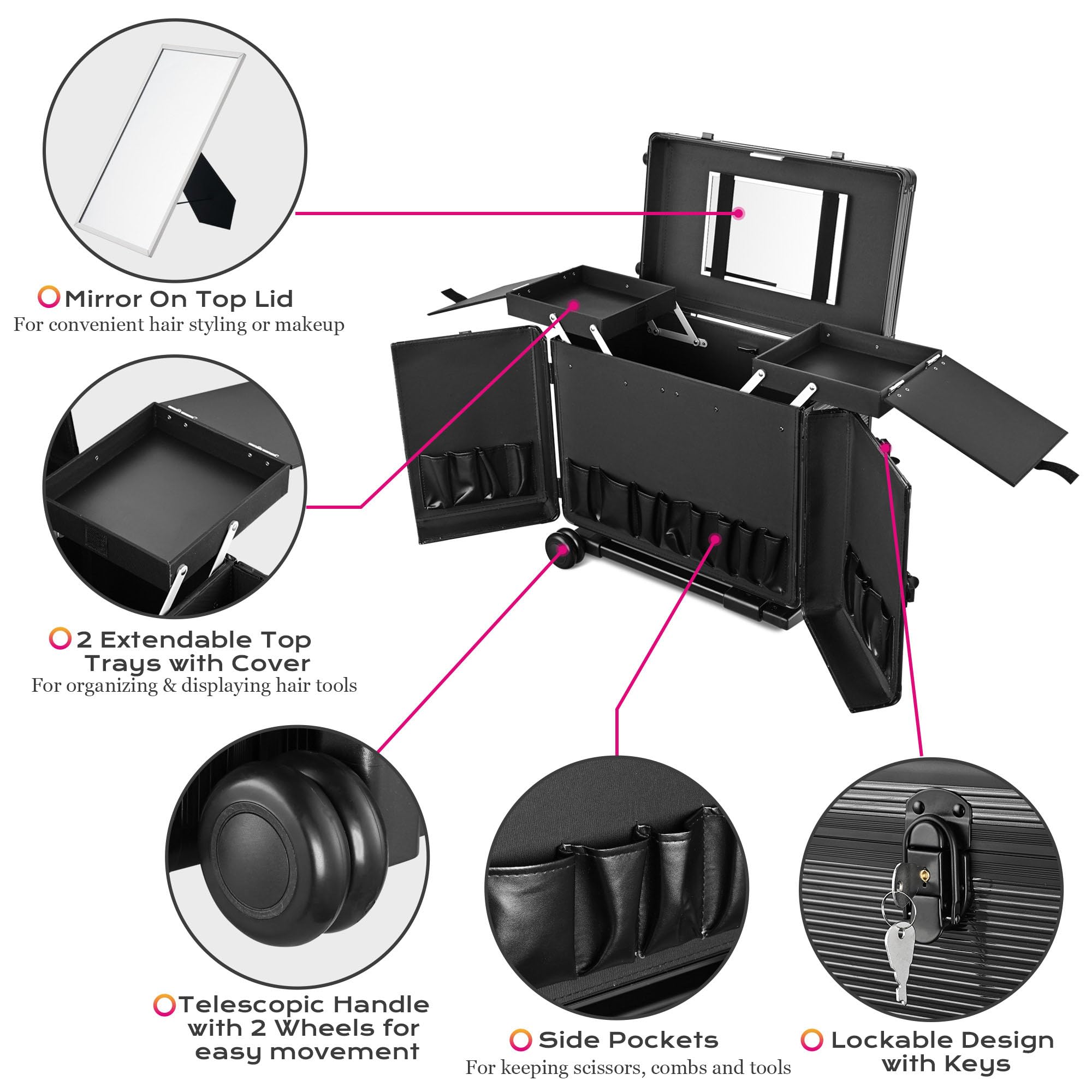 BYOOTIQUE Professional Rolling Makeup Train Case with Lock, Mirror & Wheels - Portable Cosmetic Organizer for Hair Stylists, Makeup Artists & Beauty Professionals - Perfect for Salon, Travel & On-the-Go Makeup Storage