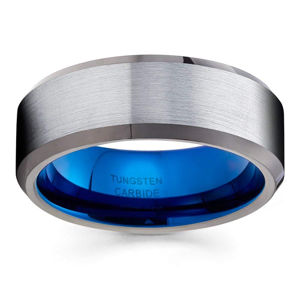 Blue Tungsten Carbide Wedding Band for Men - 8mm Gunmetal Engagement Ring - Durable & Scratch Resistant - Perfect for Everyday Wear & Special Occasions