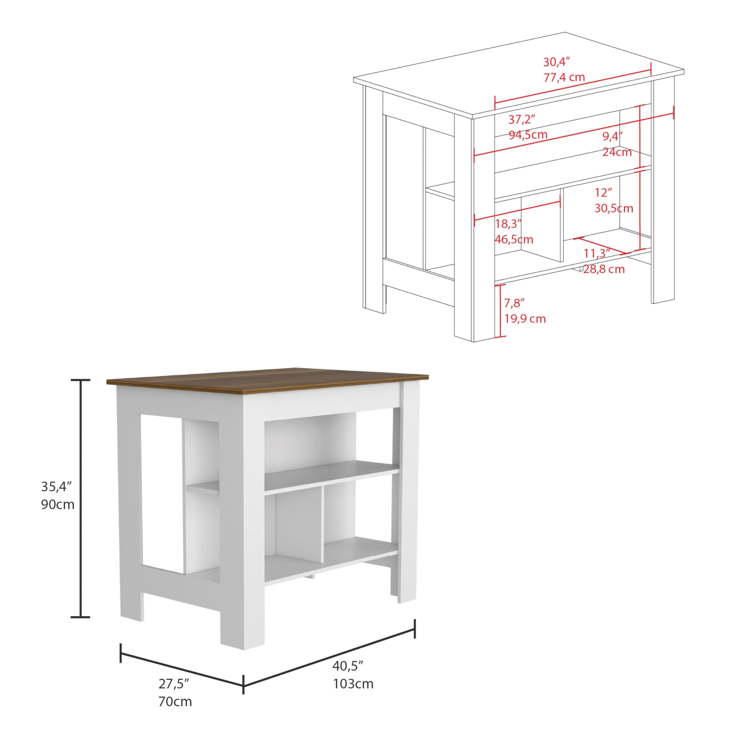Tuhome Cala Kitchen Island with 3 Open Shelves & Stool Storage, White Walnut Finish - Modern Kitchen Cart with Storage for Small Spaces, Perfect for Apartments & Home Cooking