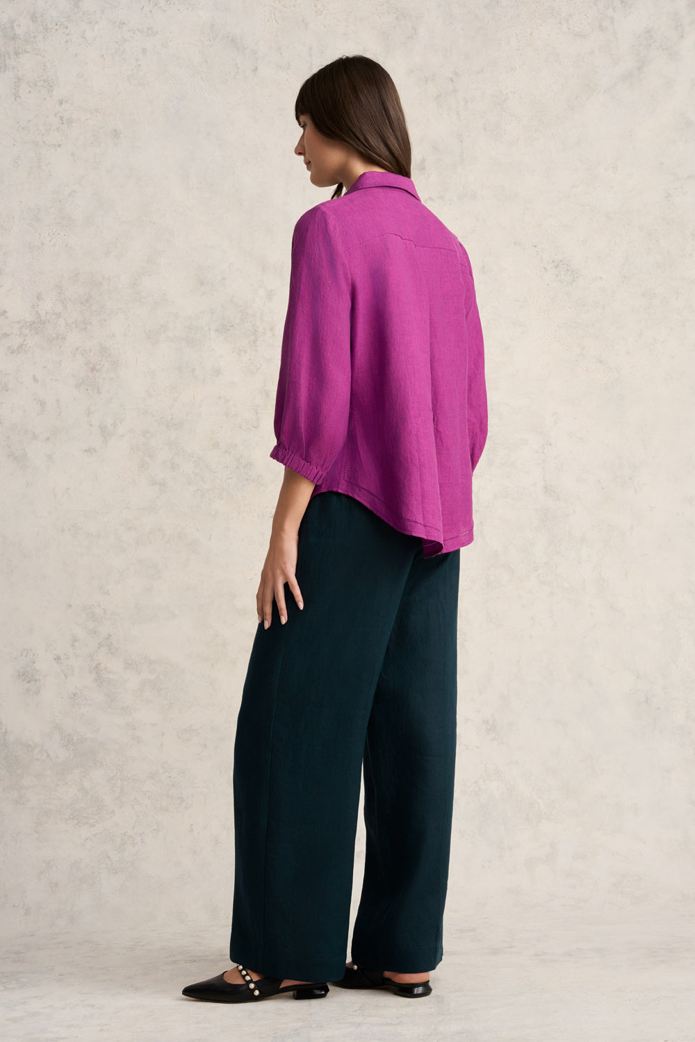 Breathable 3/4 Sleeve Linen Shirt for Women - Soft Purple Cross-Dye Casual Top | Perfect for Summer Outfits, Beach Wear & Boho Style