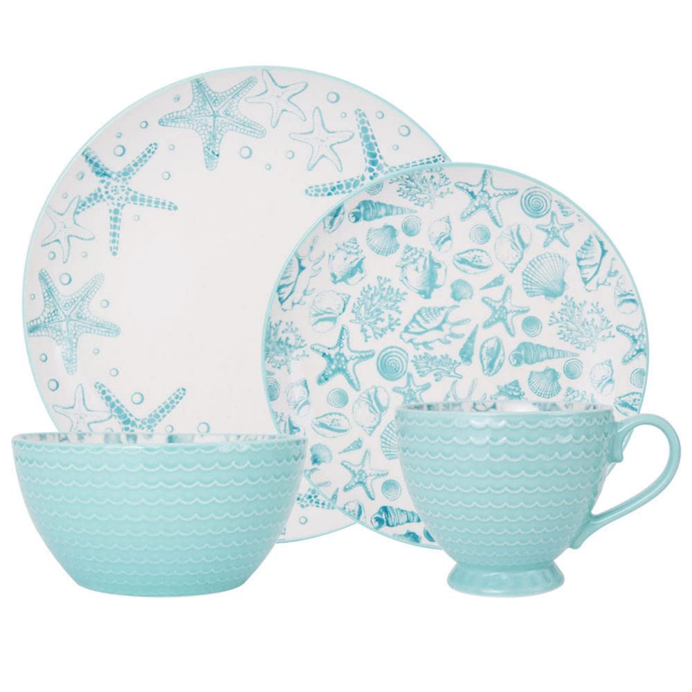 Pfaltzgraff Venice 16-Piece Stoneware Dinnerware Set for 4, Aqua & White - Elegant Dinner Plates, Bowls & Mugs - Perfect for Family Dinners, Entertaining & Everyday Use