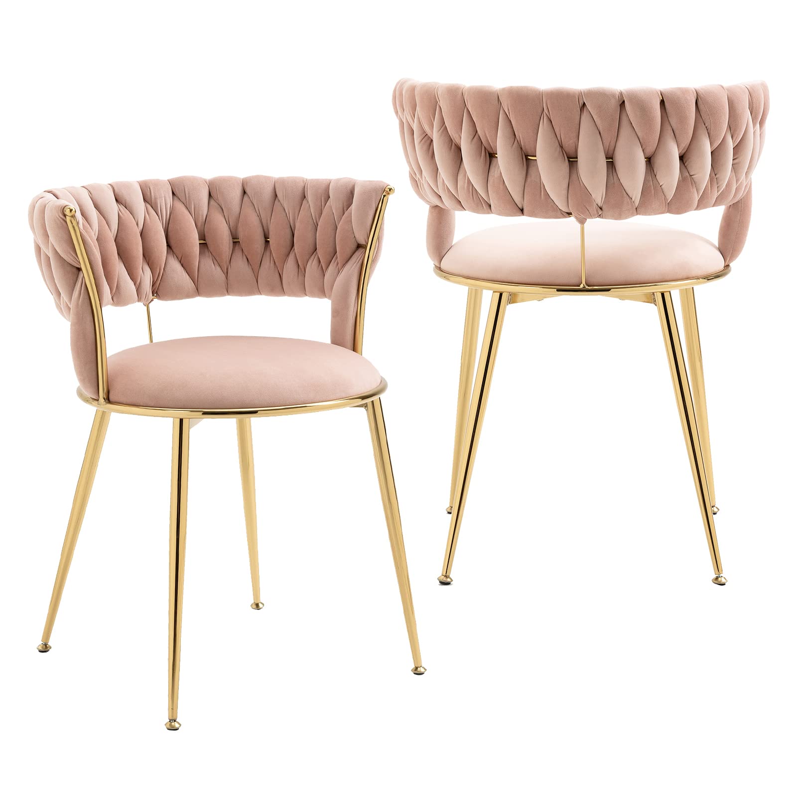 Modern Velvet Dining Chairs Set of 2 - Hand Woven Upholstered Accent Chairs with Golden Metal Legs for Living Room, Kitchen, Dining Room & Vanity | Pink Velvet Side Chairs for Elegant Home Decor