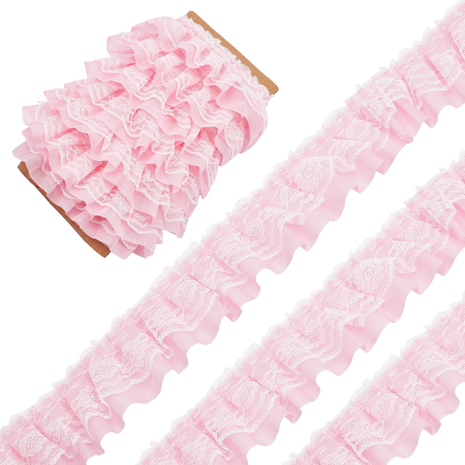 GORGECRAFT 11 Yards Pink Double-Layer Pleated Chiffon Lace Trim - 5cm Wide Ruffled Fabric Ribbon for DIY Sewing, Pillowcase Embellishments, Wedding Decor & Craft Projects - Perfect for Home Decor, Costume Design and Gift Wrapping