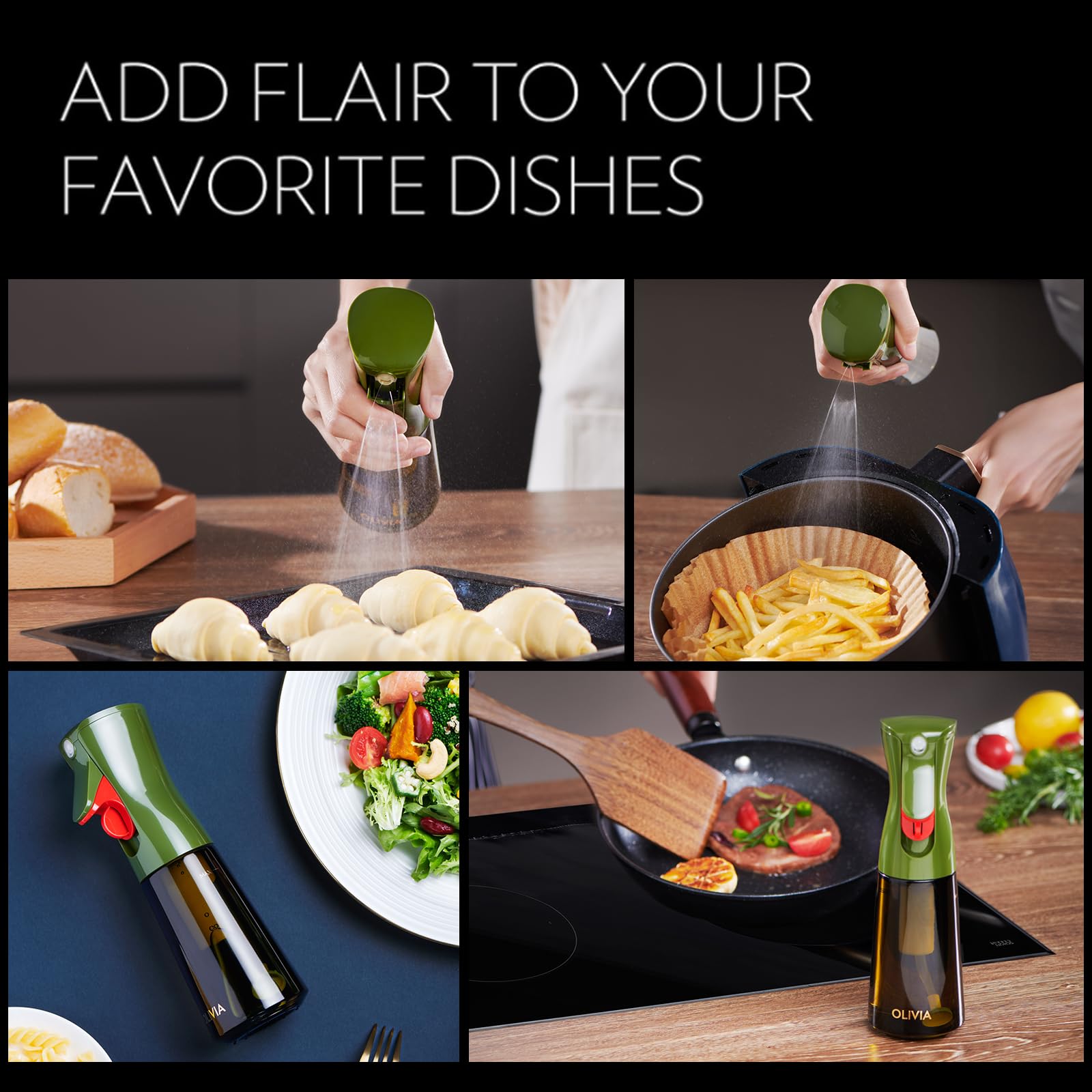 FLAIROSOL OLIVIA 200ml Glass Oil Sprayer for Cooking - Continuous Mist Olive Oil Dispenser with Portion Control - Perfect for Air Fryer, Salad, BBQ & Healthy Cooking (Green Bottle with Gold Print) - Ideal for Kitchen, Baking & Meal Prep