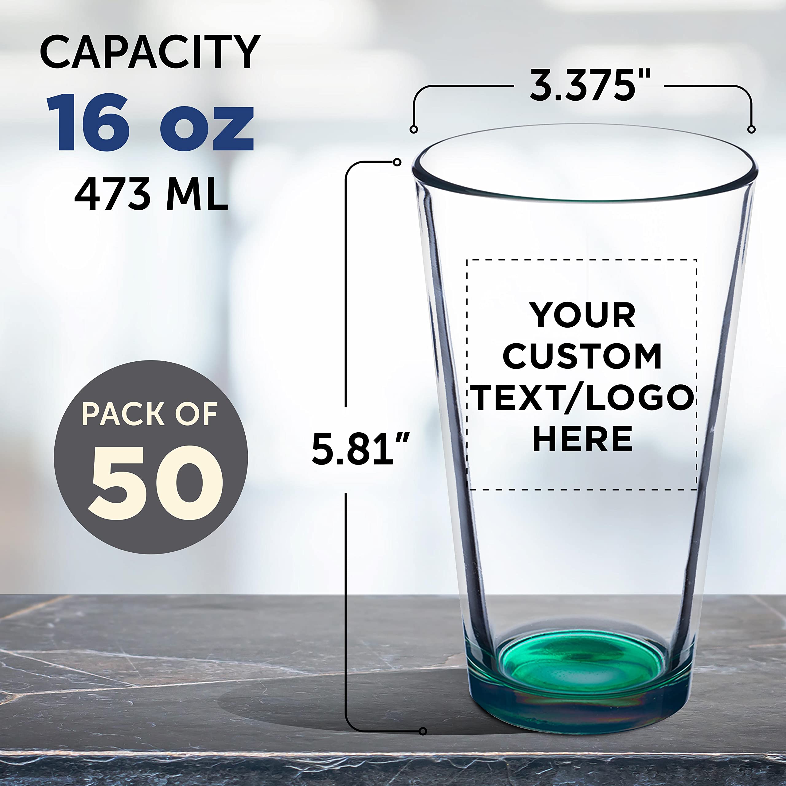 Custom Engraved 16 oz Beer Pint Glasses - Bulk Set of 50 Heavy Duty Bar Glasses with Thick Base | Personalized Restaurant Glassware, Stackable Design - Ideal for Bars, Pubs, Catering Events & Commercial Use