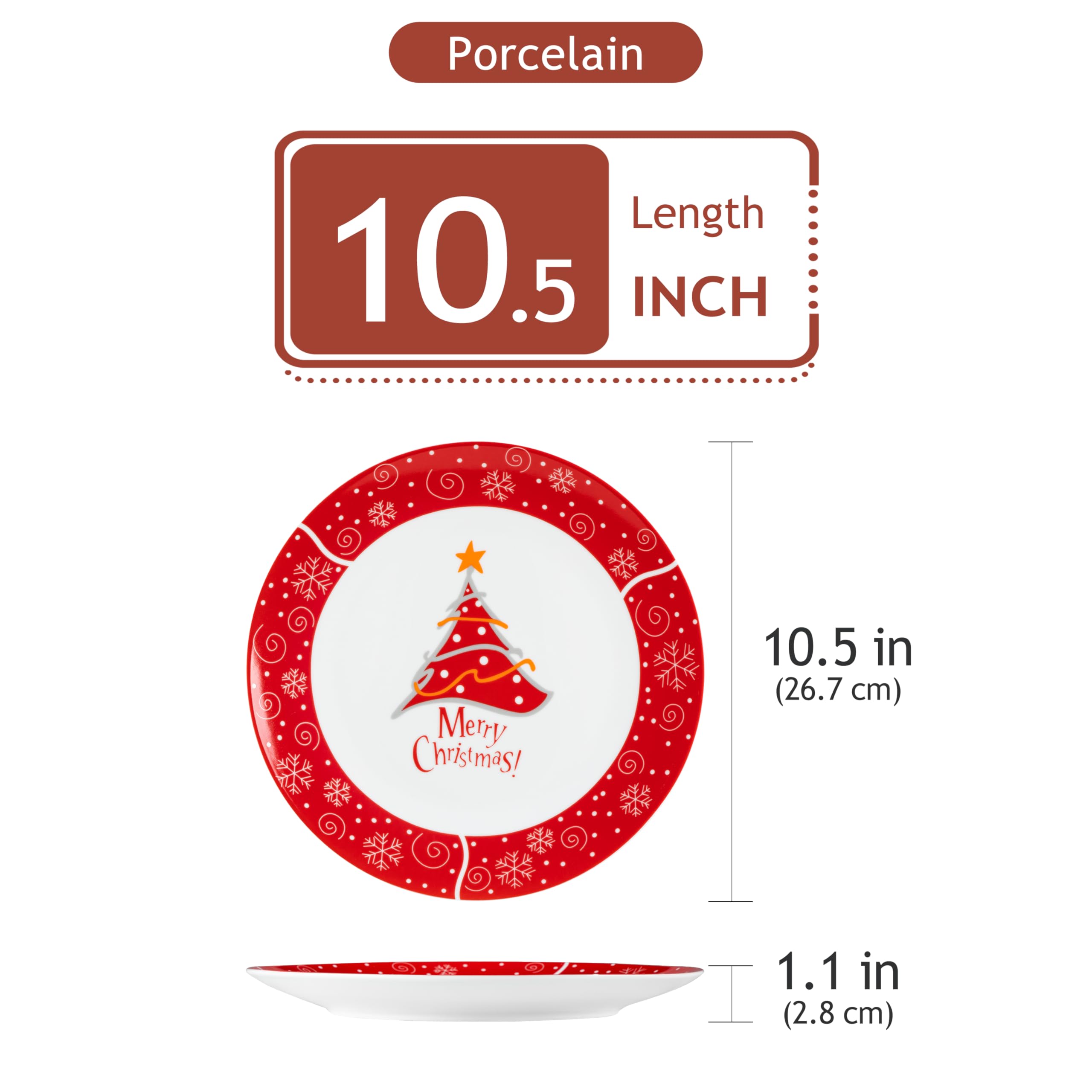 VEWEET Christmas Dinner Plates Set of 6 - 10.5 Inch Ceramic Holiday Tableware for Family Meals, Parties & Celebrations - Festive Christmas Tree Design - Perfect for Christmas Dinner, Holiday Gatherings & Home Decor