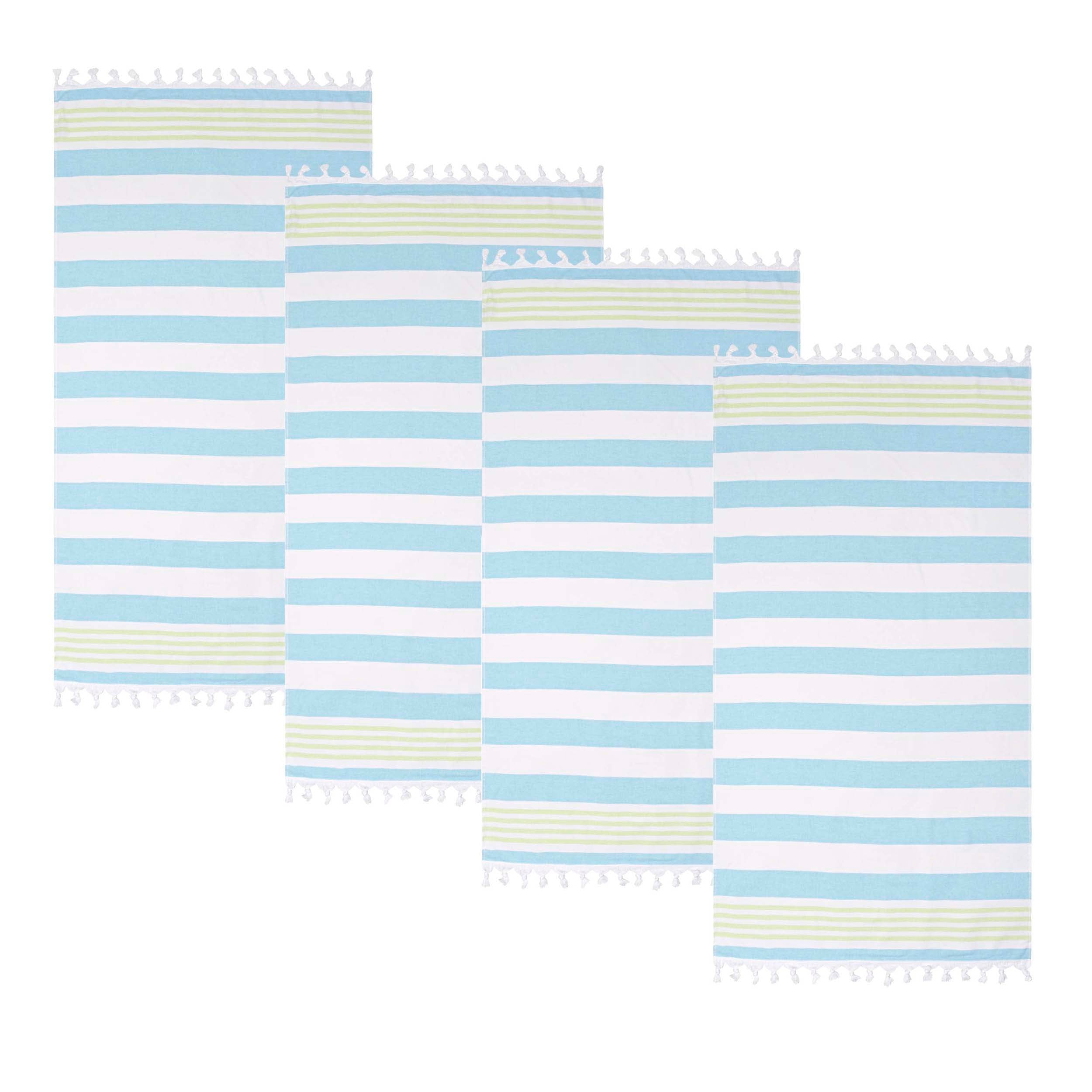 Coastal Resort Stripe Fouta 4-Piece Beach Towel Set with Tassels - Soft & Absorbent for Pool, Beach, Spa & Outdoor Use